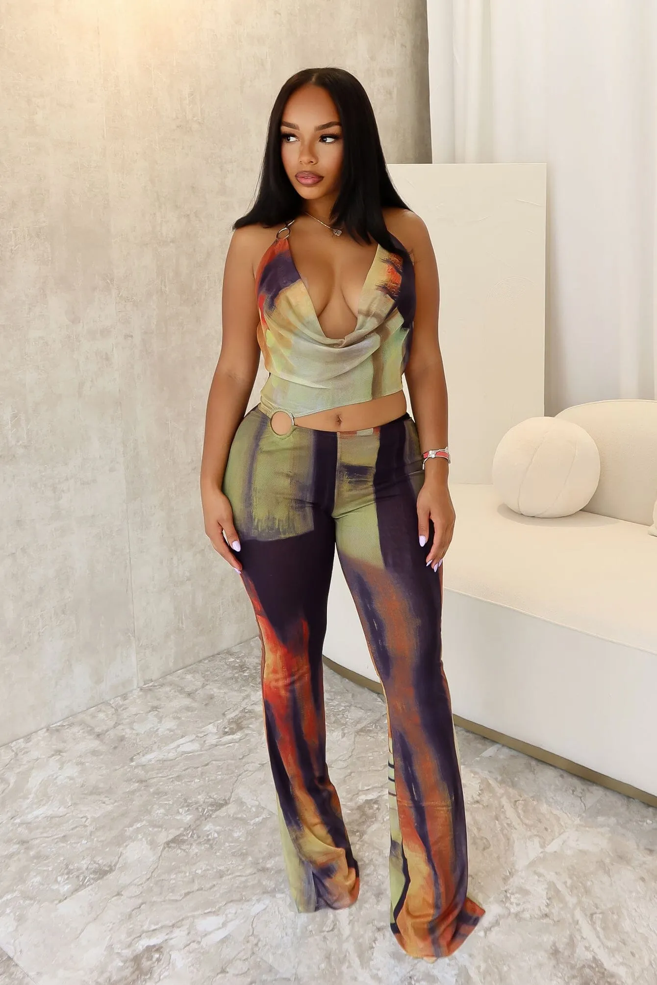 Flexible Leg Good 4 U Print Mesh Cowl Neck Jumpsuit