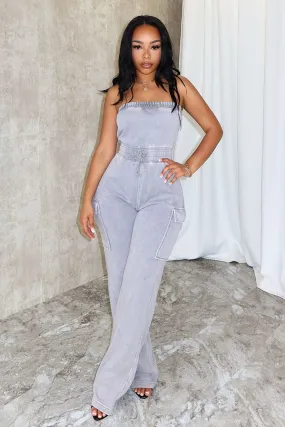 Double Needle Stitching Good Vibes Mineral Washed Strapless Jumpsuit