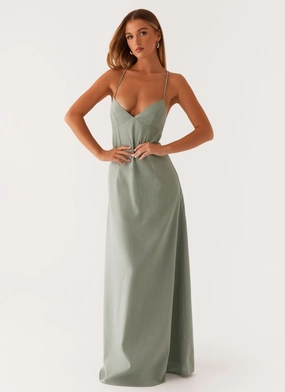 Sharp Edge Clean Outline Middle Ground Linen Maxi Dress - Sage
