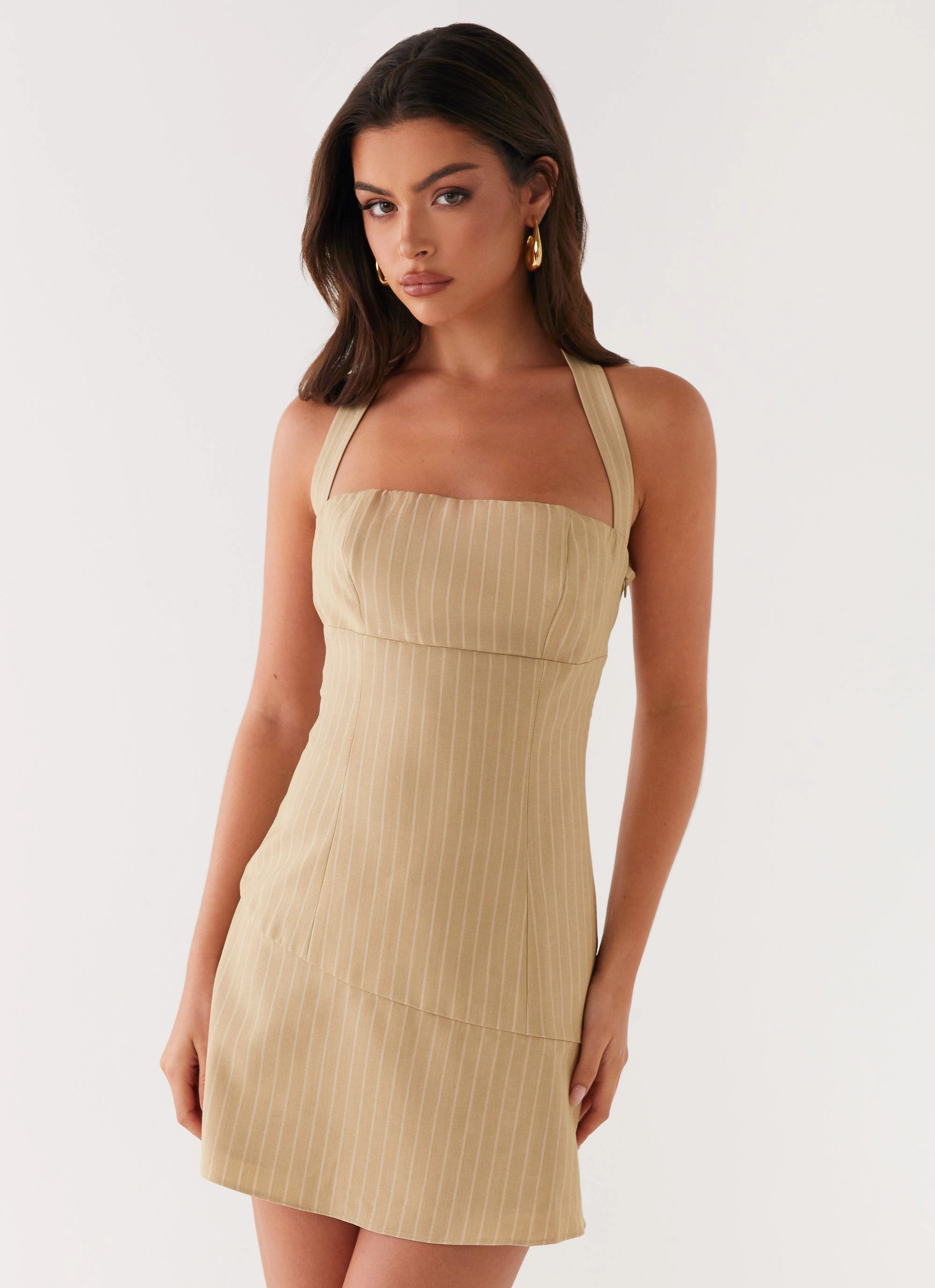 Erica Mini Dress - Beige Stripe Calm Lines Unique Cut