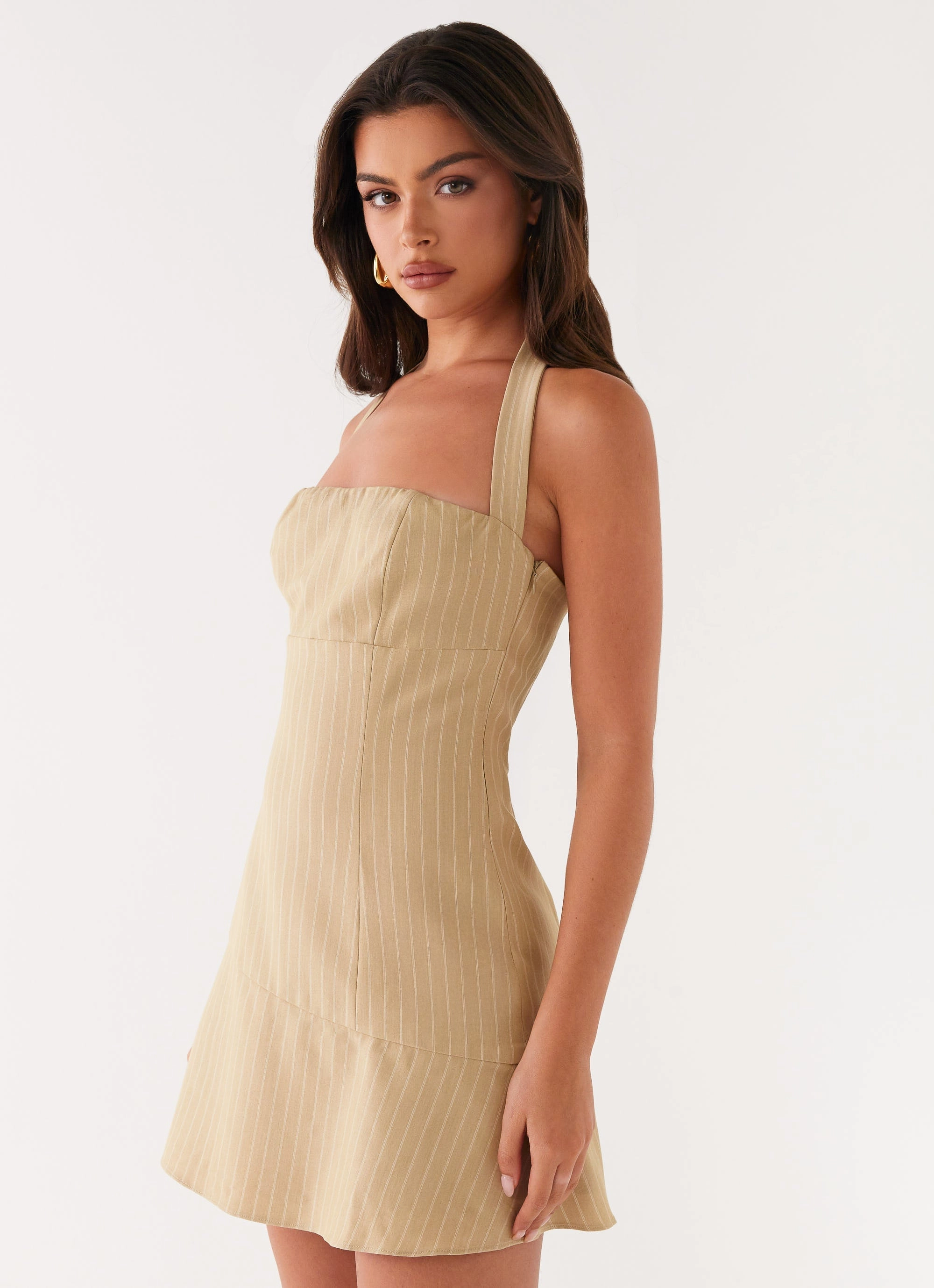 Erica Mini Dress - Beige Stripe Maxi length