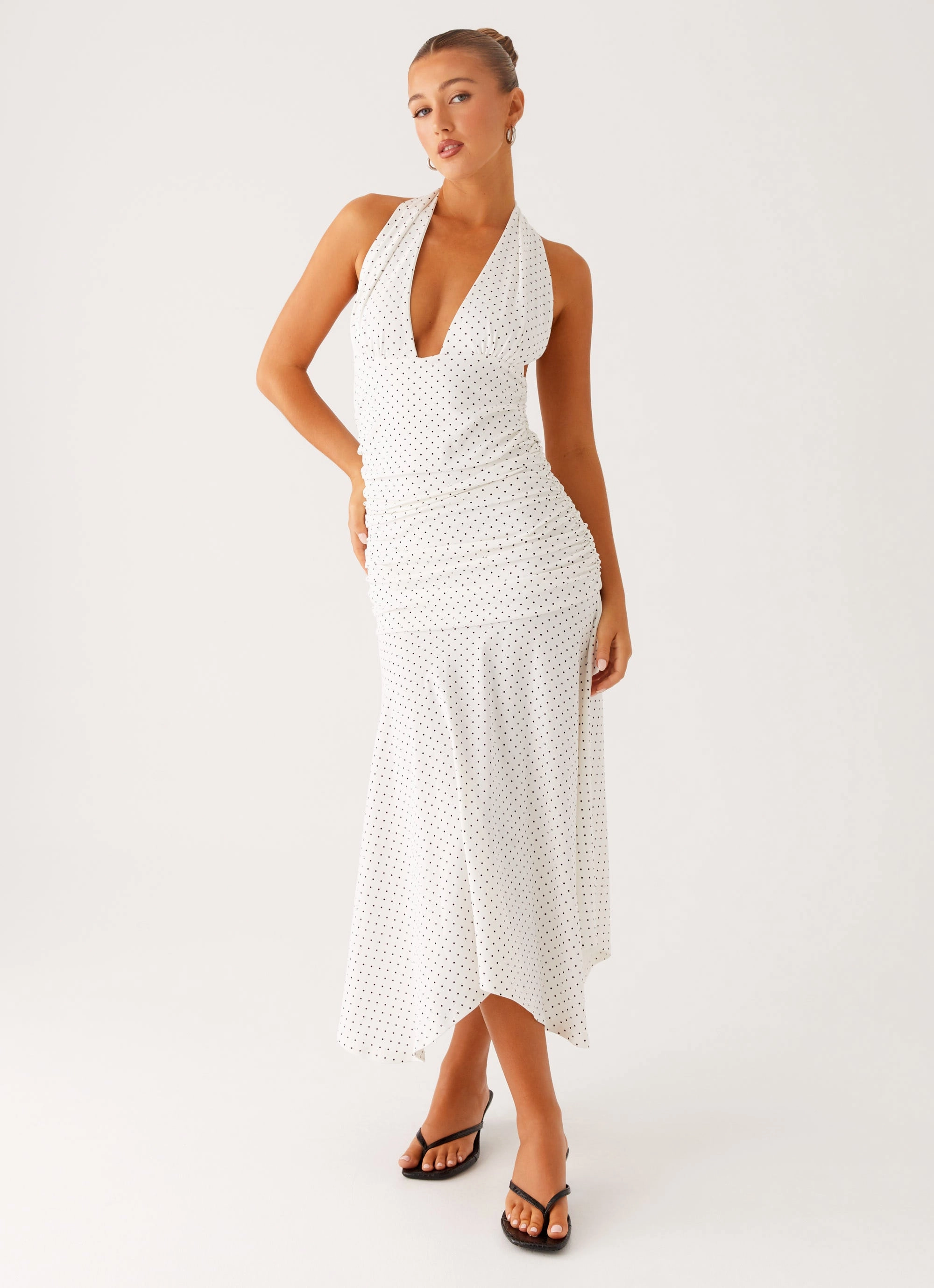 Grettana Halter Neck Midi Dress - White Polka Dot Soft Volume