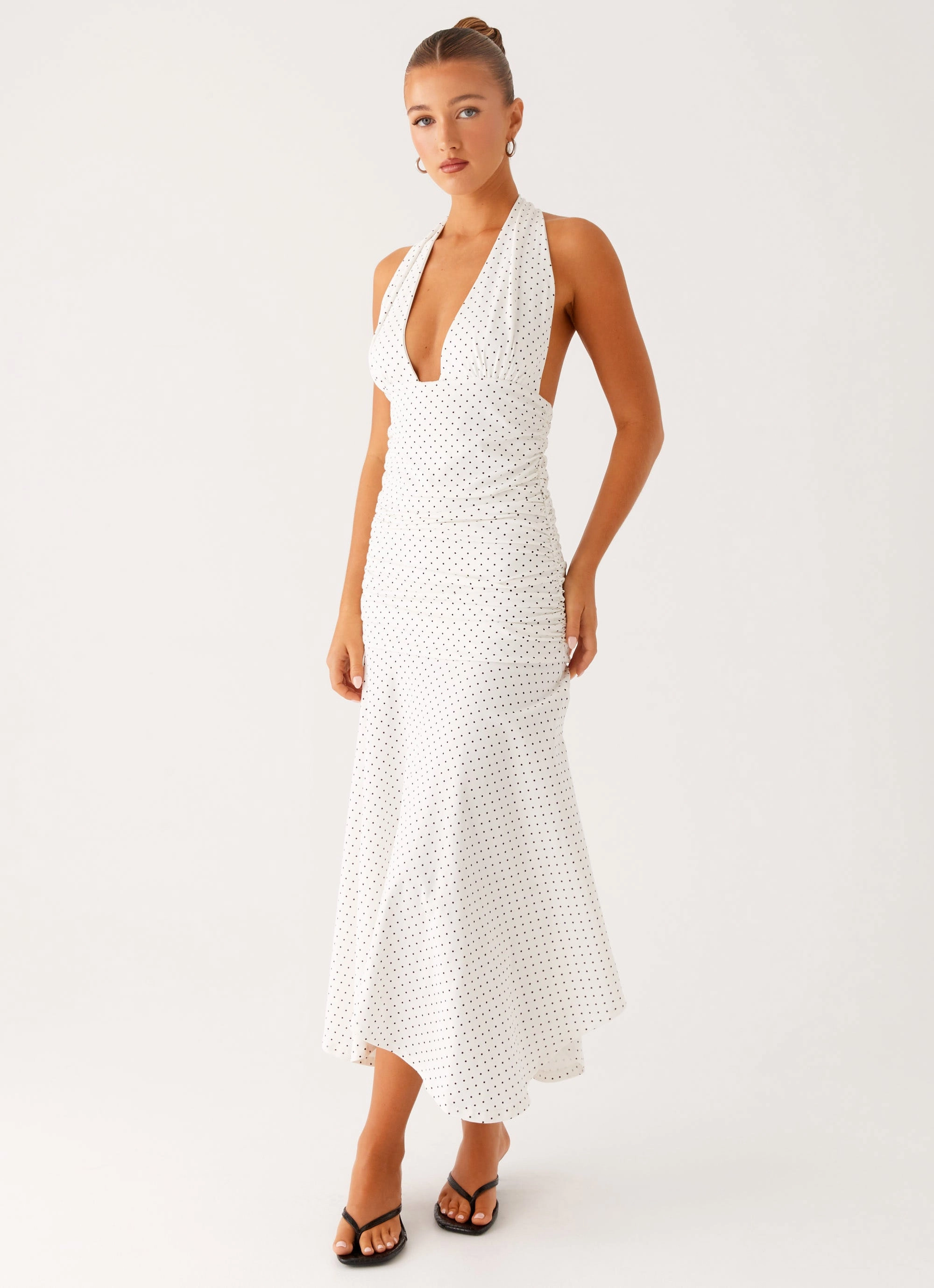 Grettana Halter Neck Midi Dress - White Polka Dot Texture Style Stylish Design