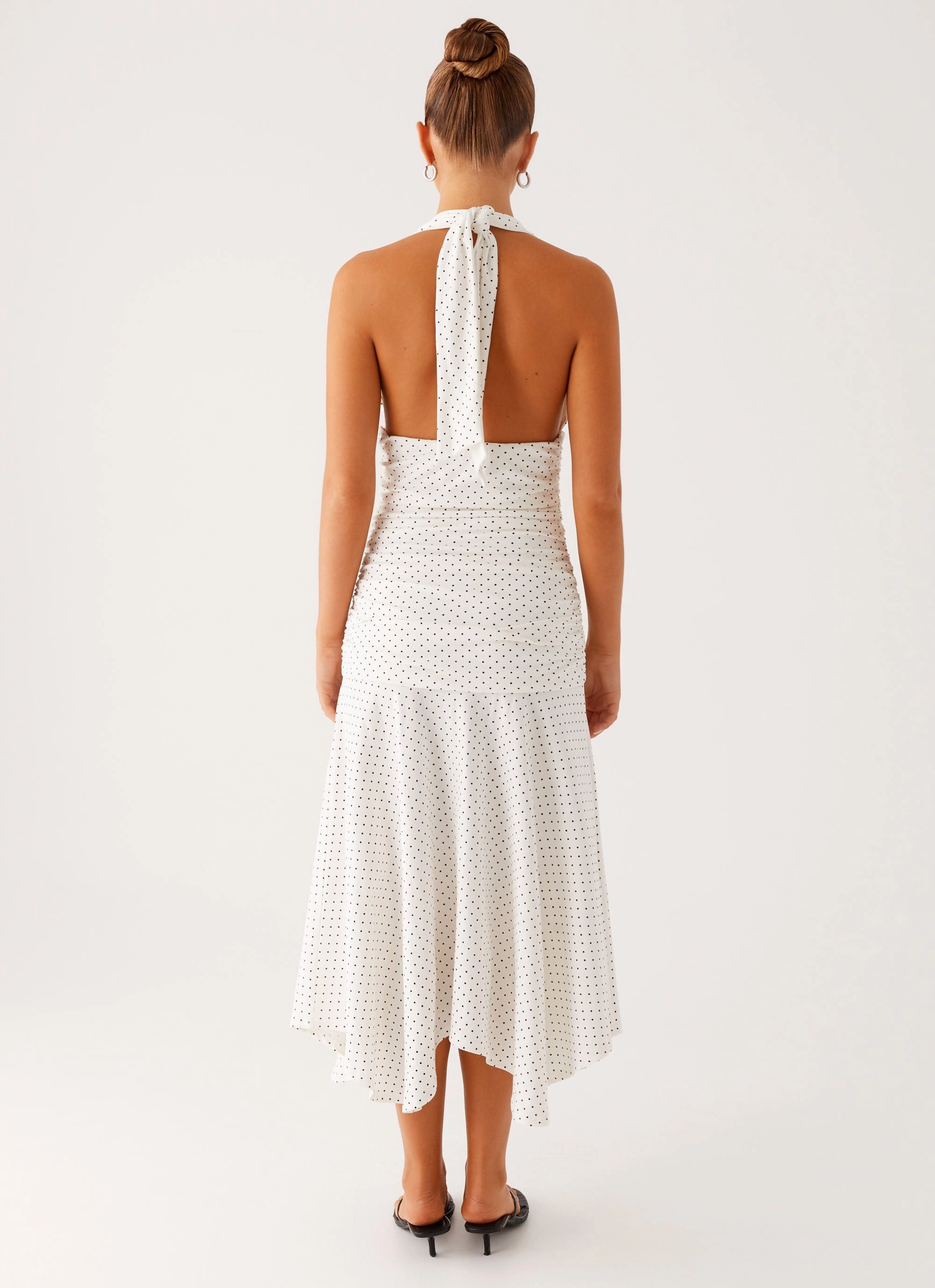 Fresh Appeal Elastic-Cuff Grettana Halter Neck Midi Dress - White Polka Dot