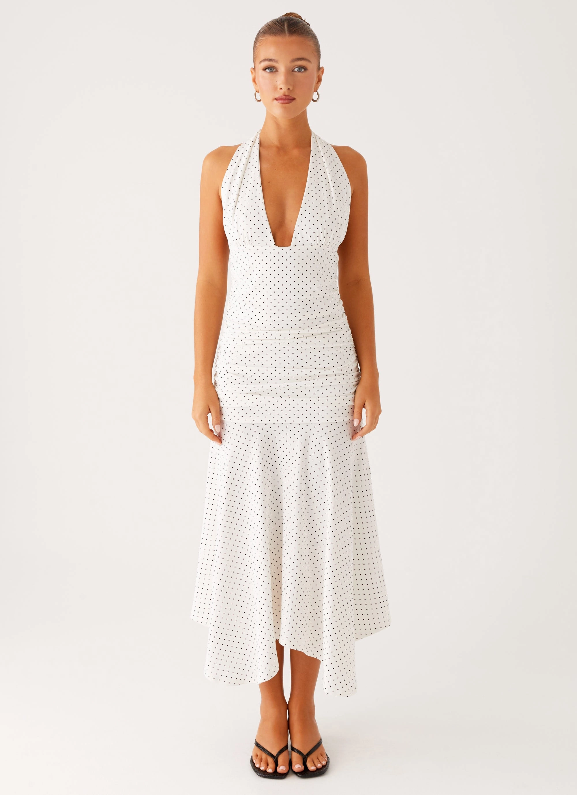 Grettana Halter Neck Midi Dress - White Polka Dot Button-Cuff Summer Wear