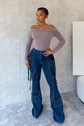 Stretch Holiday Vibes Streetwear Fan Grab And Go Hadley Flare Pockets Detail Denim Jeans