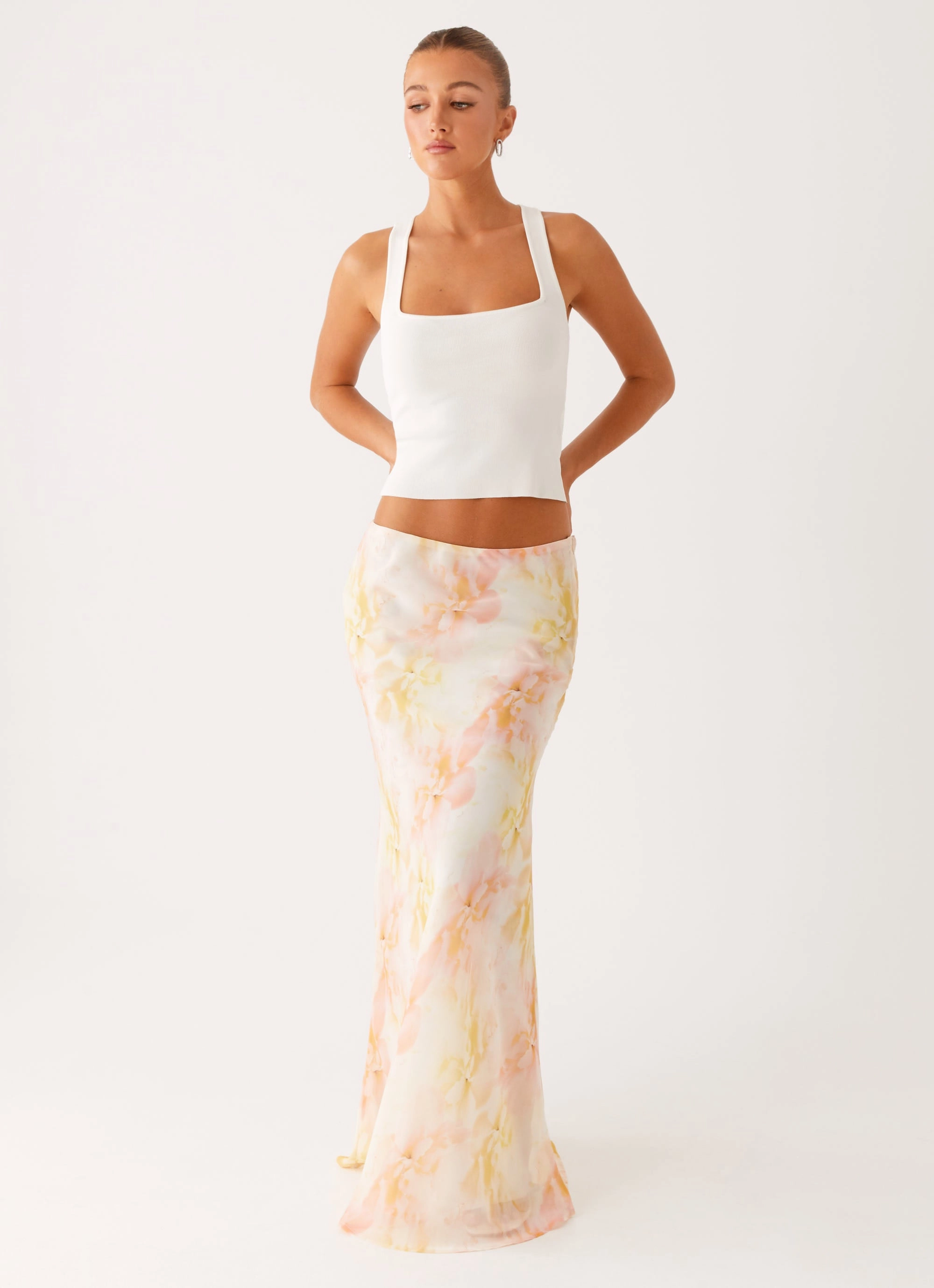 Layered Look Double Stitched Harlow Chiffon Maxi Skirt - Floral Print