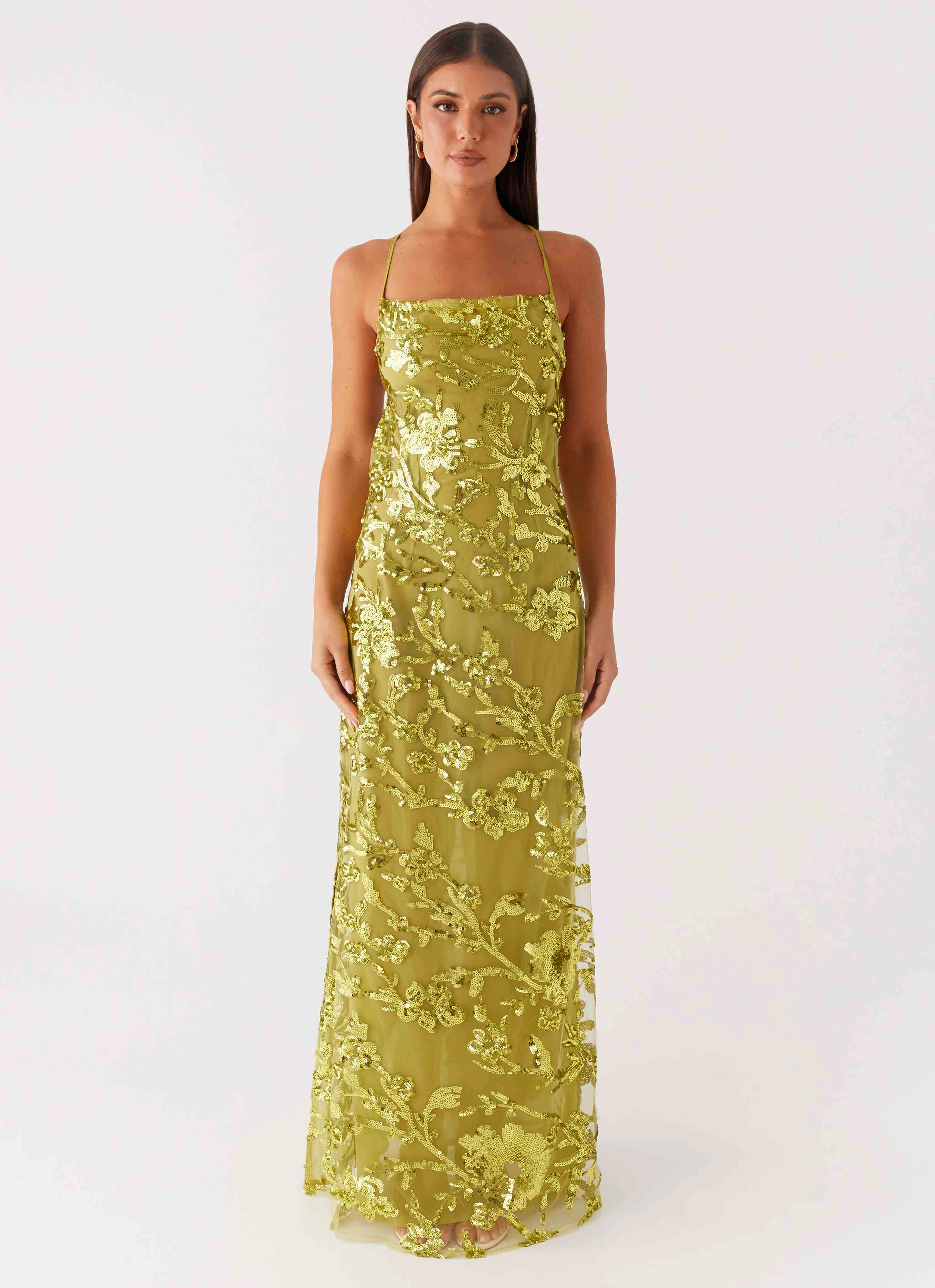Lightweight Piece Pure Tone Havana Sequin Maxi Dress - Lime
