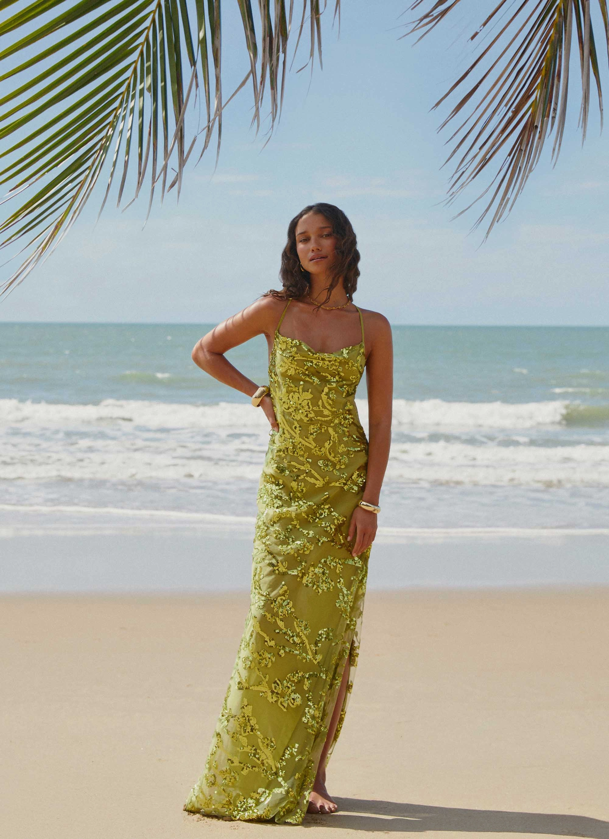 Care-Instructions-Included A-Line Havana Sequin Maxi Dress - Lime