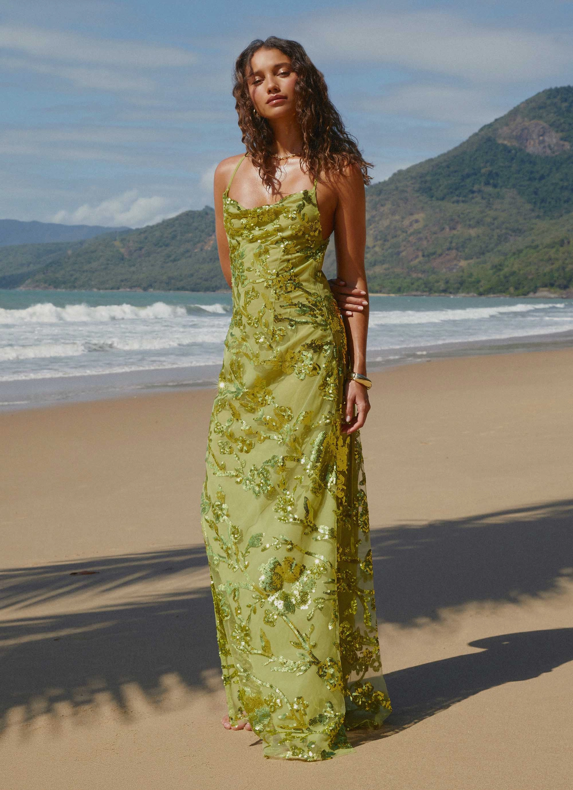 Havana Sequin Maxi Dress - Lime Pure Comfort Puff-Sleeve