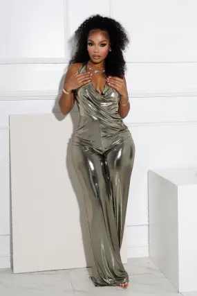 Hayze Foil Halter Cowl Neck Jumpsuit Slim Silhouette