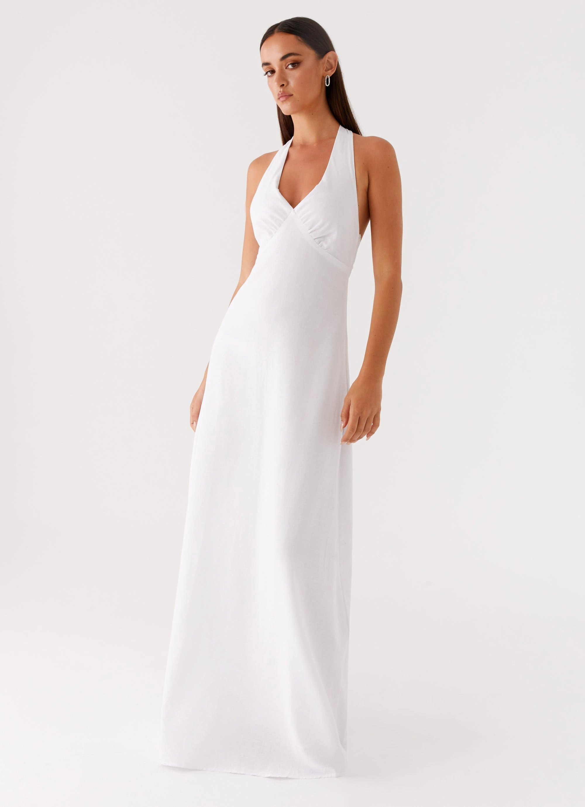 Heavy Hearted Linen Maxi Dress - White Bold Cut Lounge Favorite