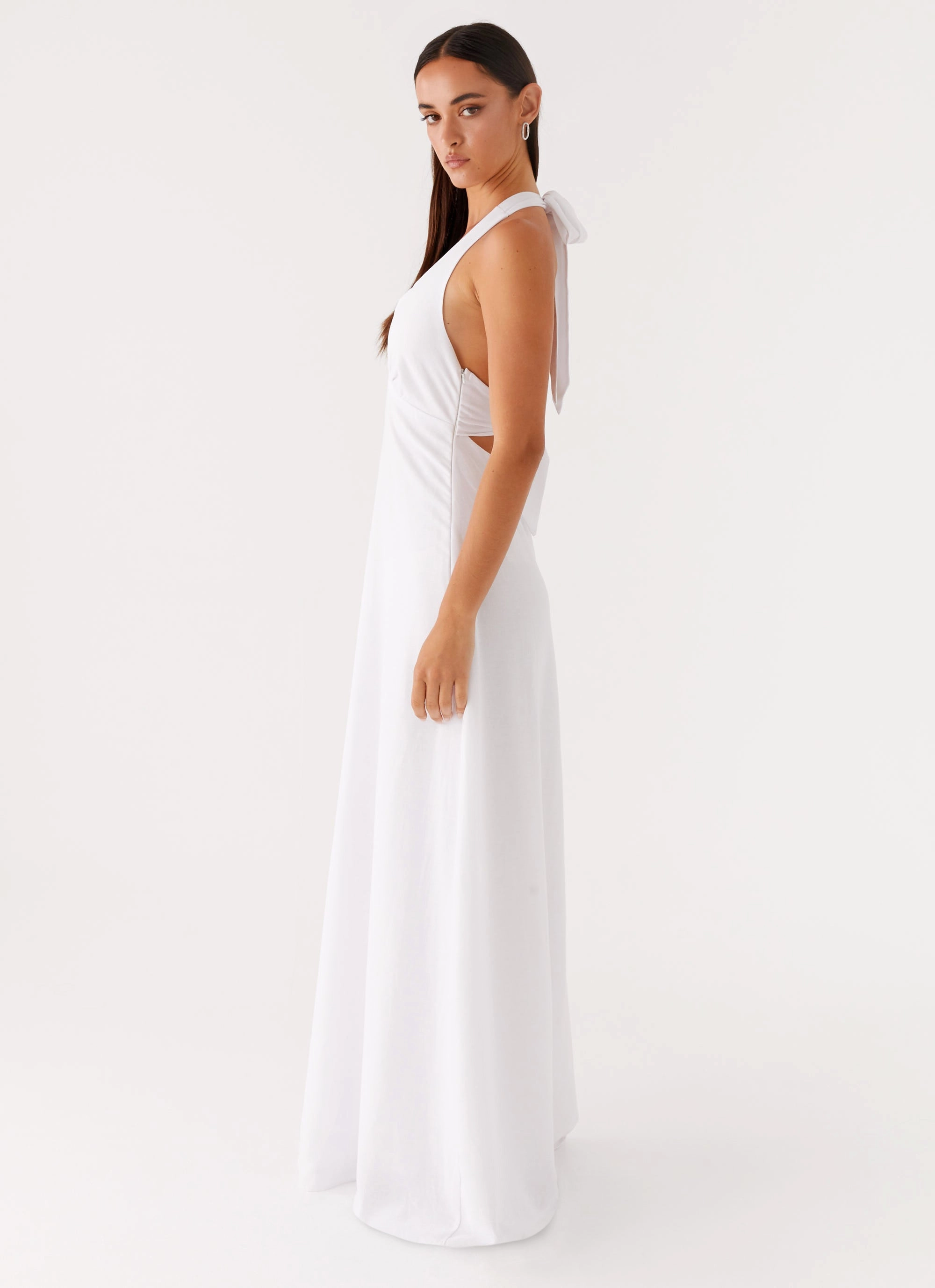 Tonal-Stitching Heavy Hearted Linen Maxi Dress - White