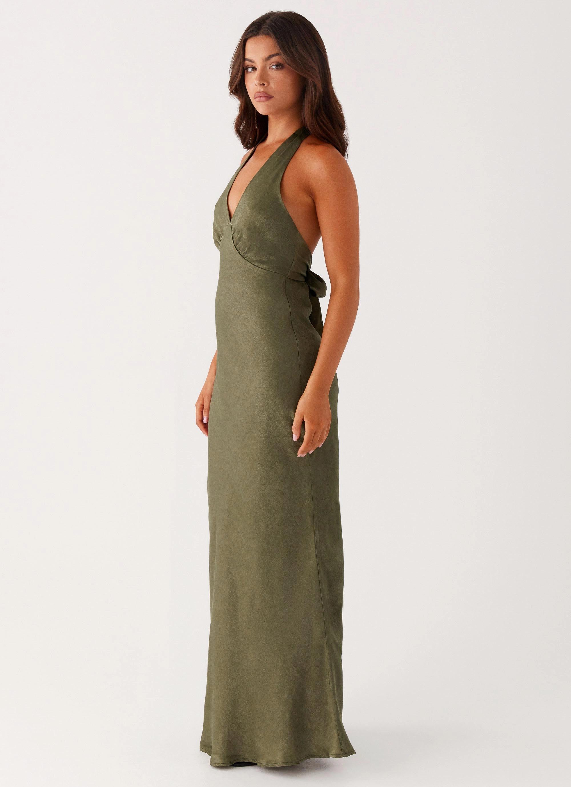 Soft Profile Smooth Mood Heavy Hearted Satin Maxi Dress - Khaki