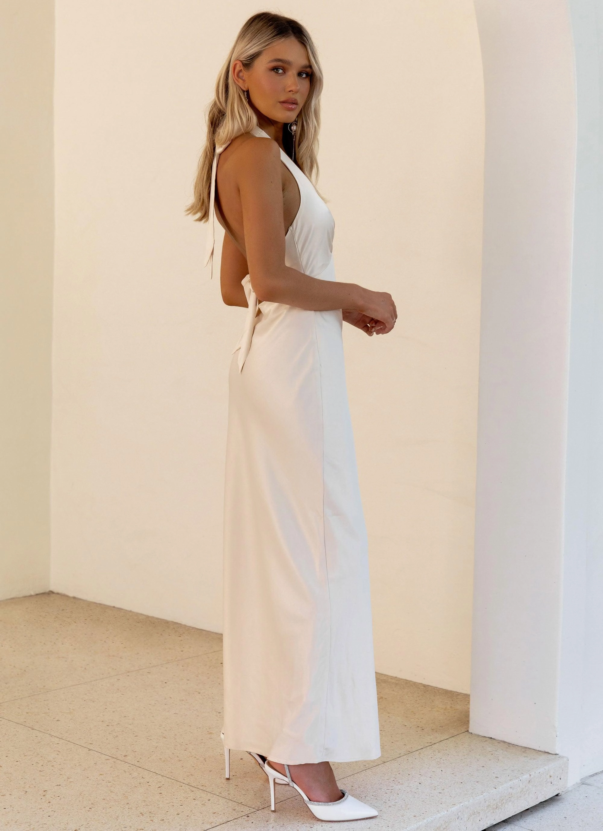 Flowy Cut Heavy Hearted Satin Maxi Dress - Pearl