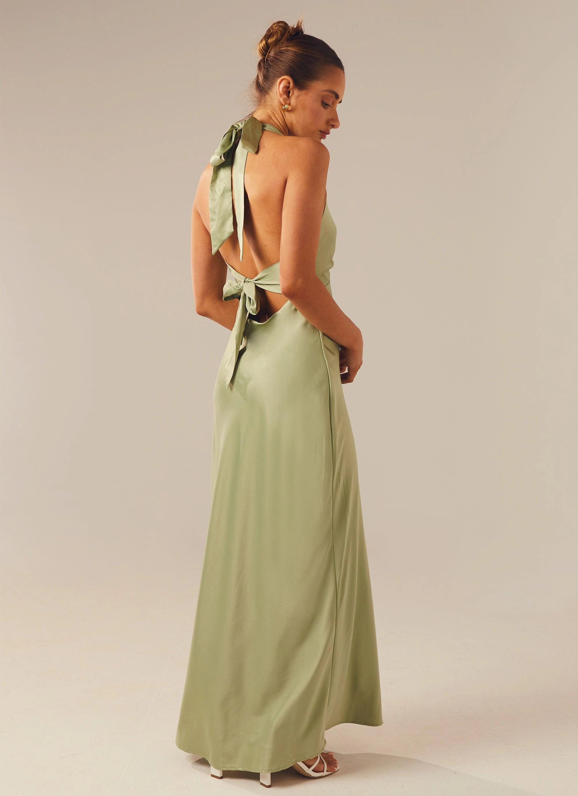 Gemstone-Detail Heavy Hearted Satin Maxi Dress - Sage