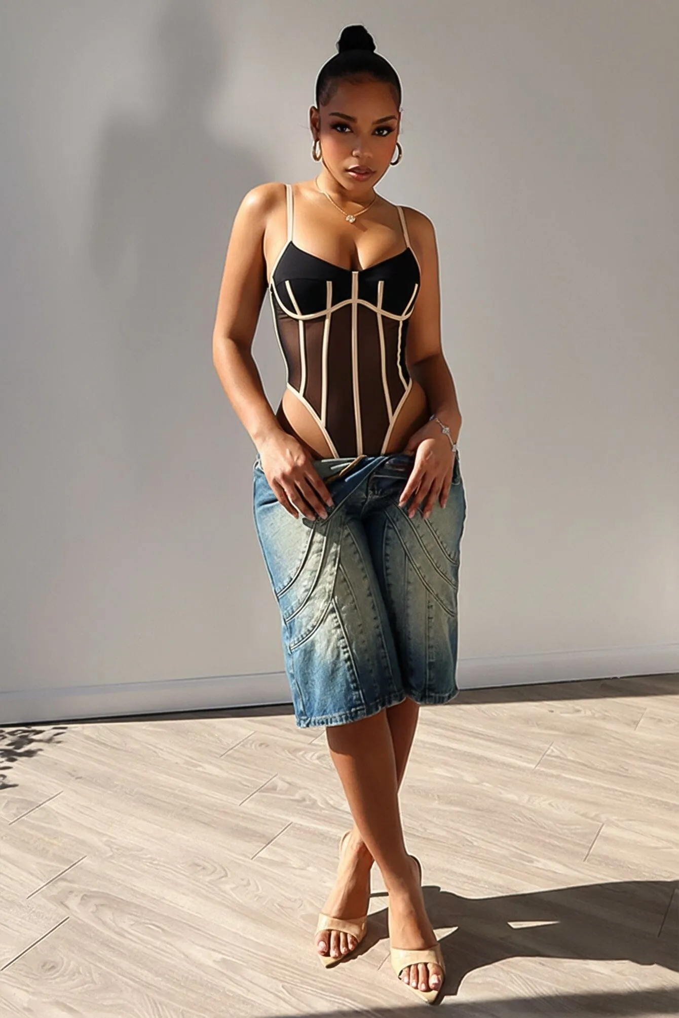 Hecate Sheer Mesh Panel Bodysuit Moisture Wicking Material FlexibleElasticatedEdging