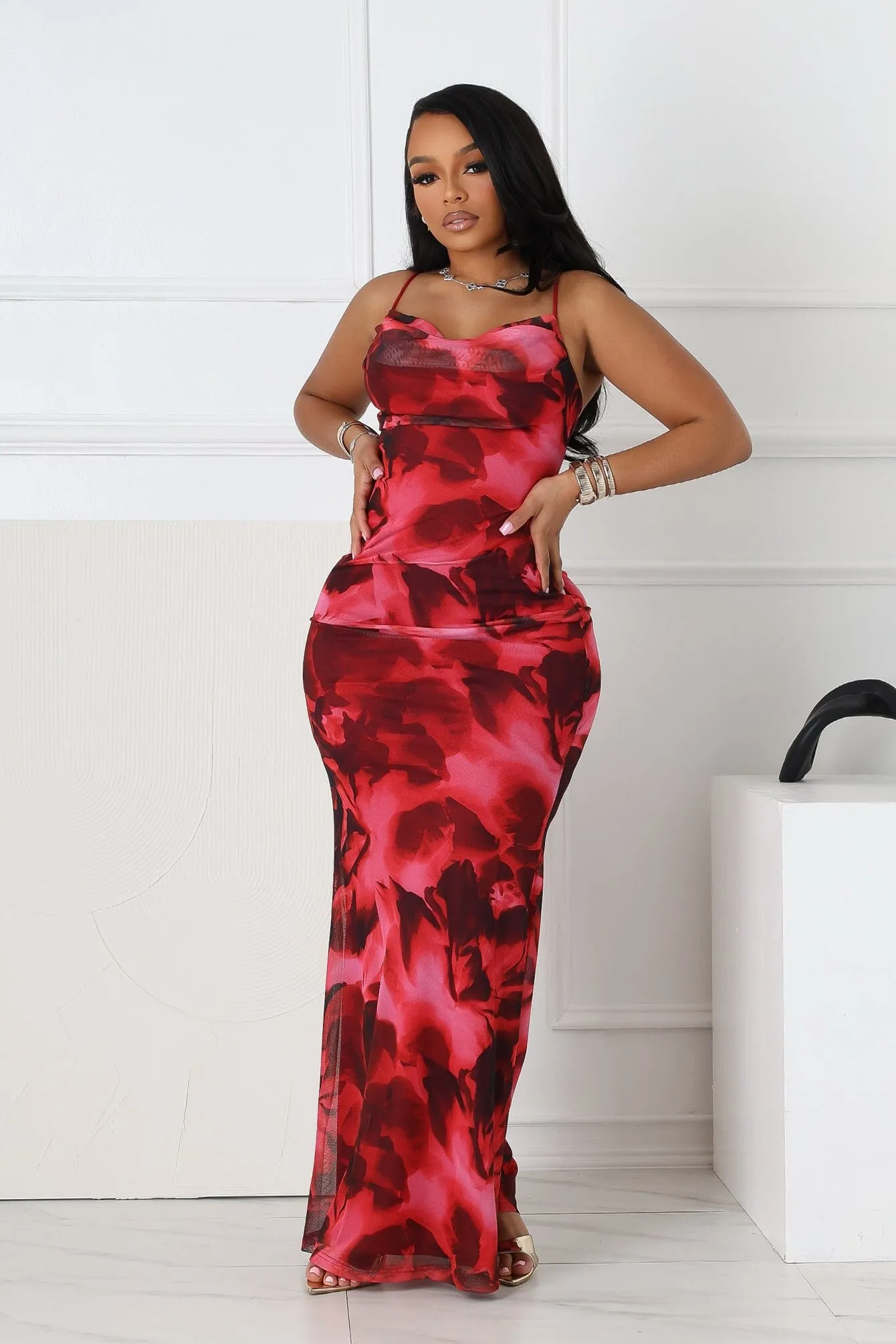 Air Comfort Hena Mesh Printed Cowl Neck Maxi Dress