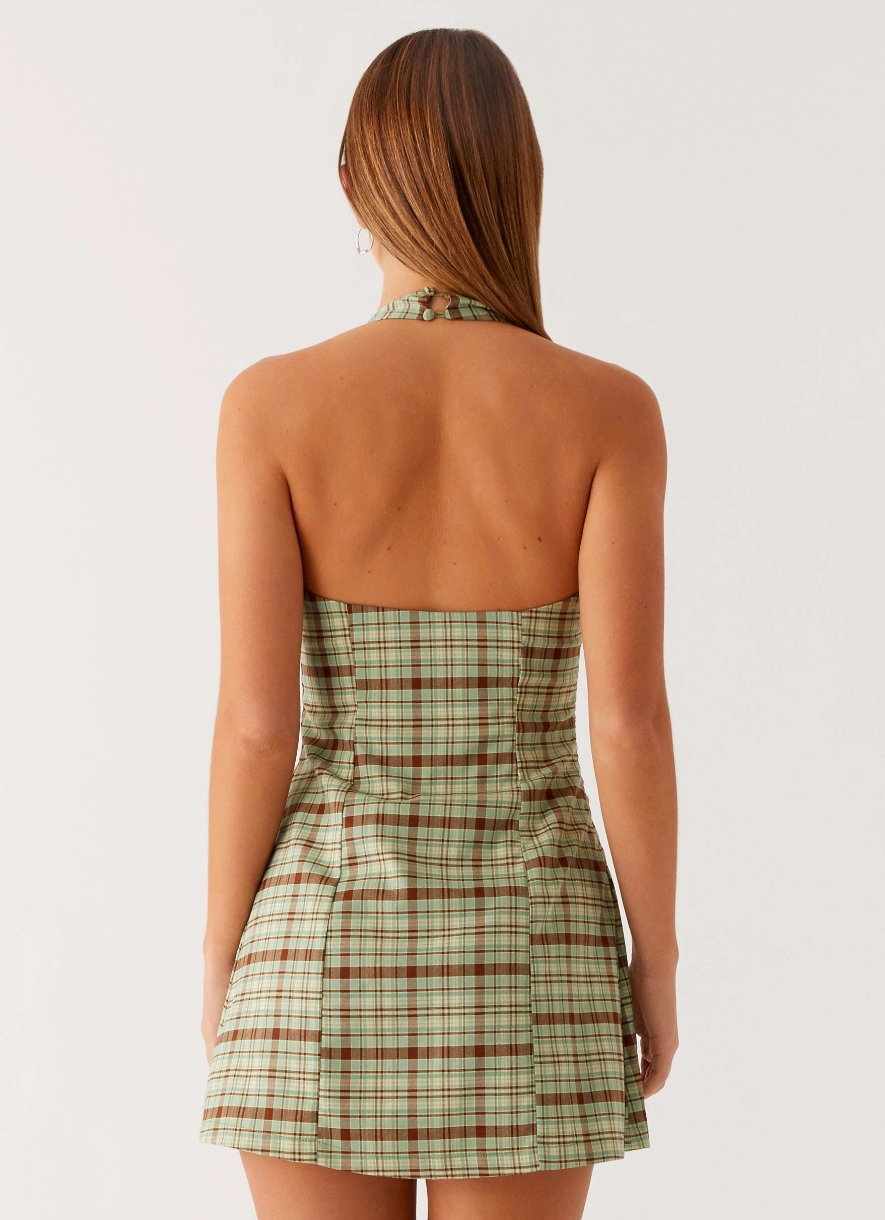 Moment Glow Dunia Halter Mini Dress - Forest Plaid