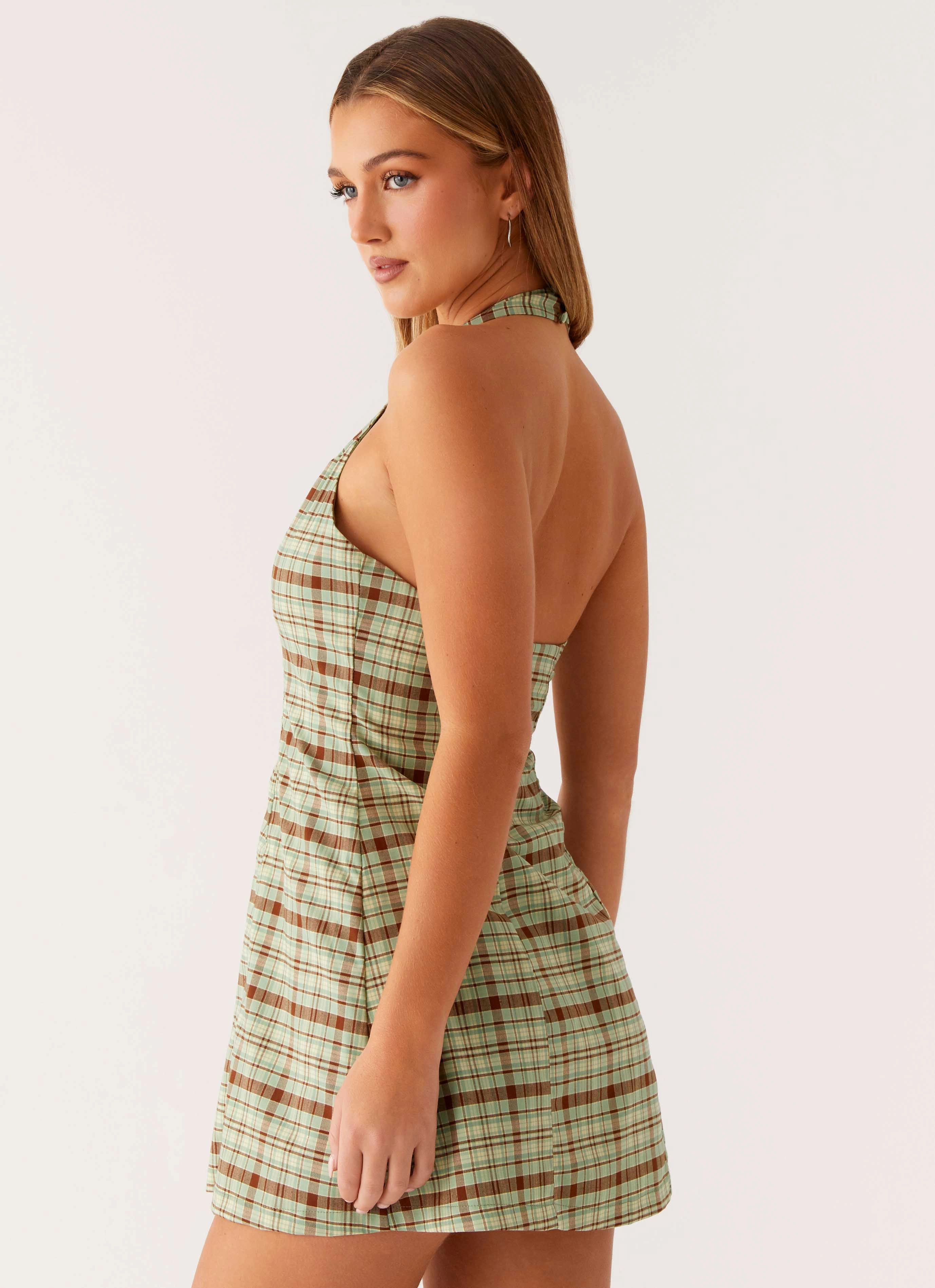Refined Texture Dunia Halter Mini Dress - Forest Plaid