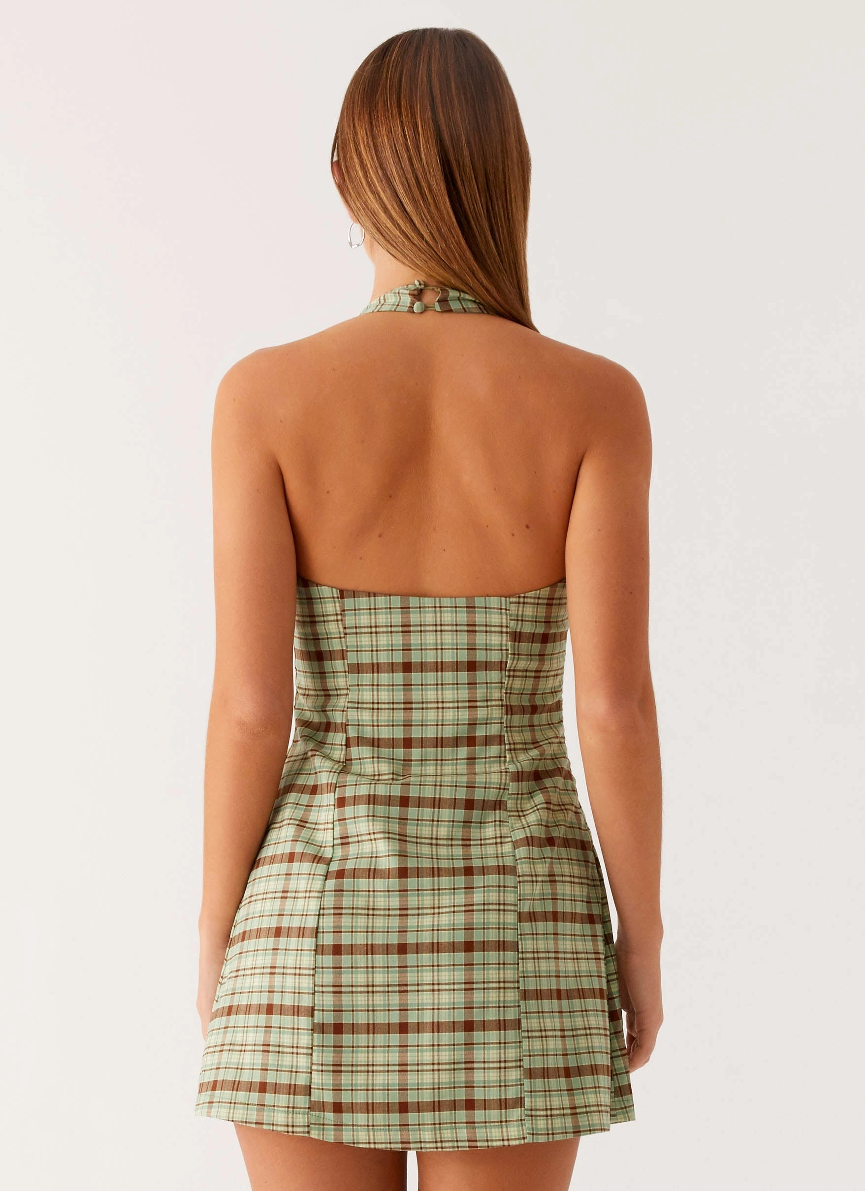 Dunia Halter Mini Dress - Forest Plaid Figure Flattering Statement Fashion
