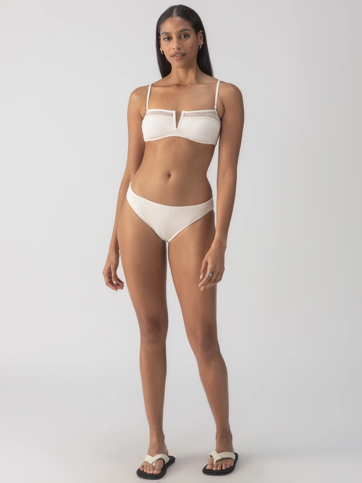 Sea Crochet V-Wire Bandeau Bikini Top White Sand Ribbed Trim Details Layered Panel Design