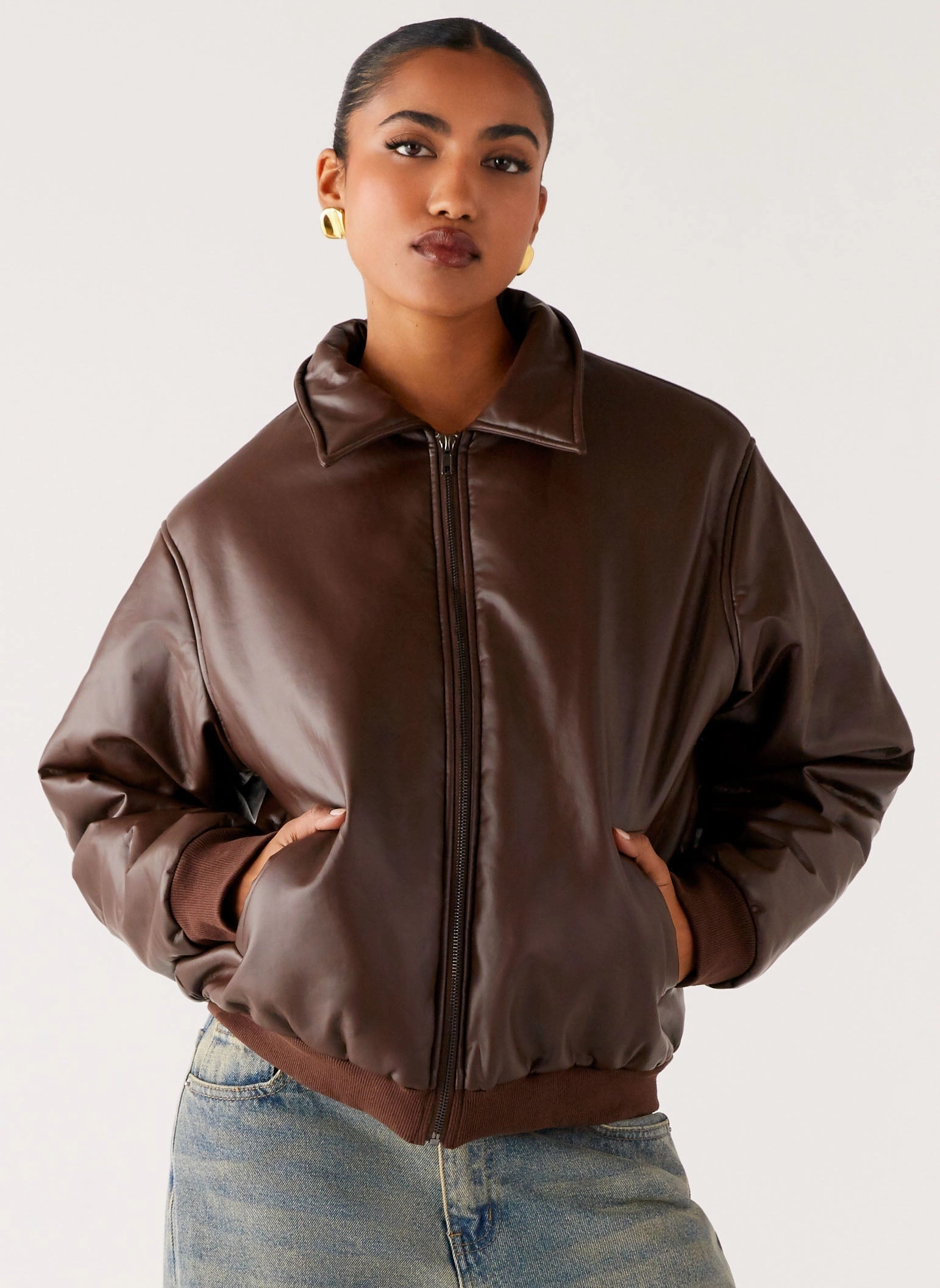 Outlands Faux Leather Bomber Jacket - Chocolate library
