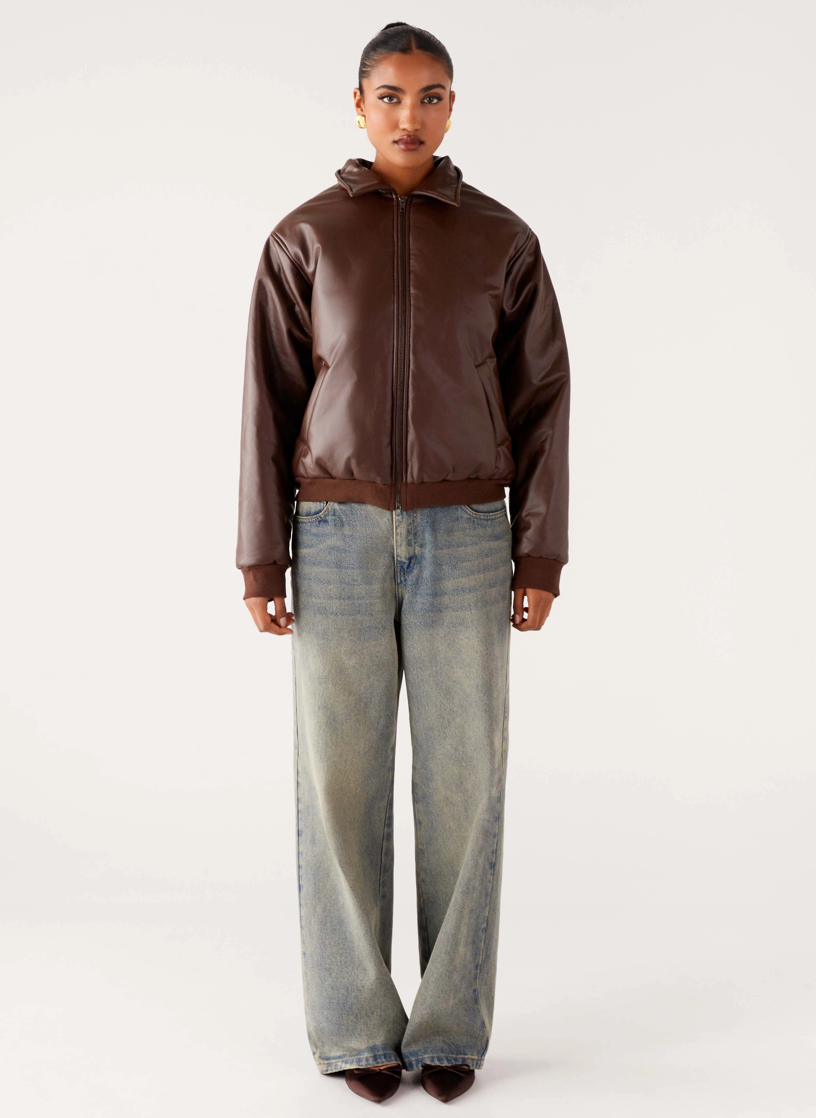 slim fit Outlands Faux Leather Bomber Jacket - Chocolate