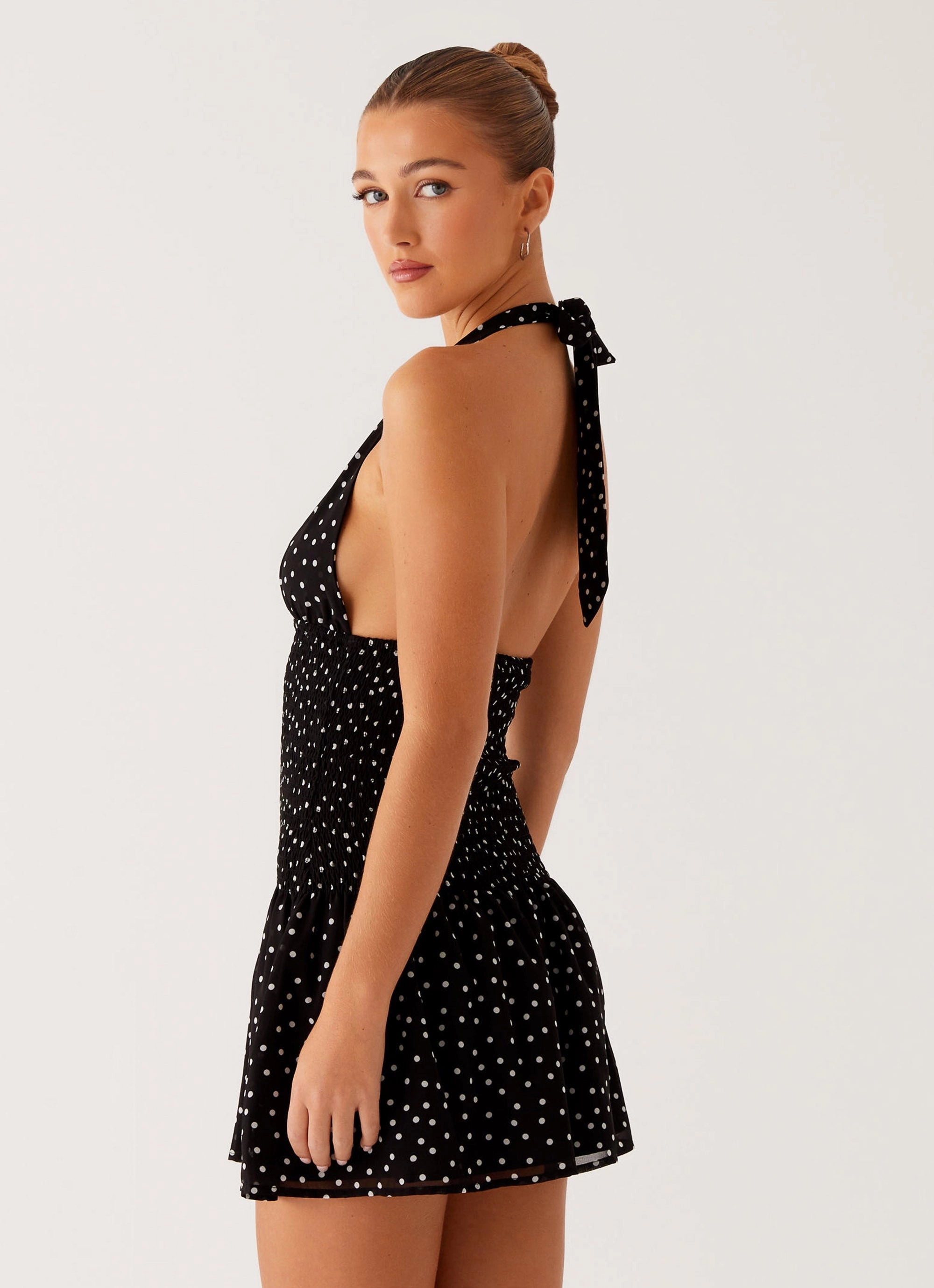 Holden Mini Dress - Black Polka Dot Outfit Focused