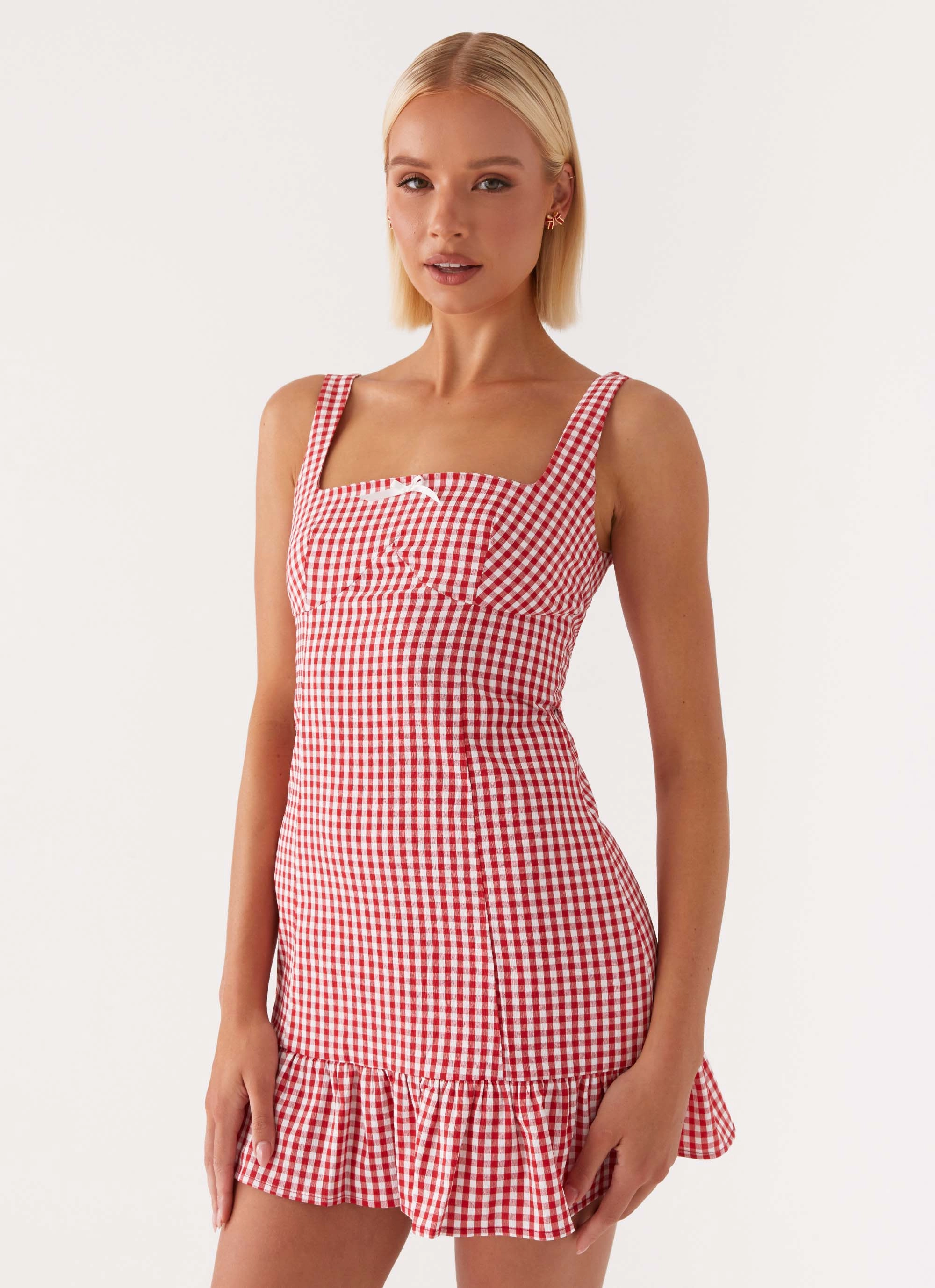 Front Slit High Rise Honesty Mini Dress - Red Gingham