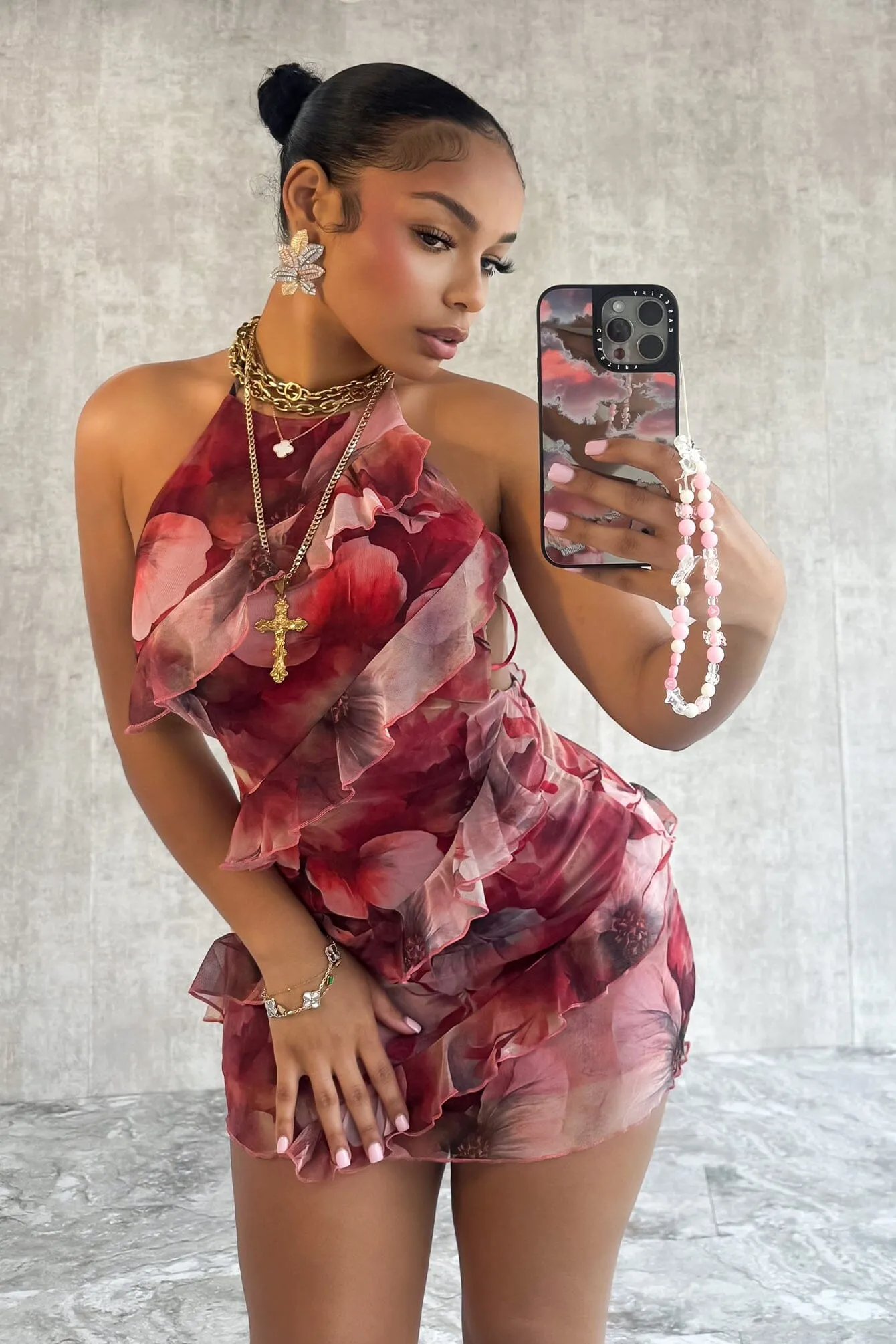 Natural Form Hopeless Romantic Mesh Print Ruffle Dress