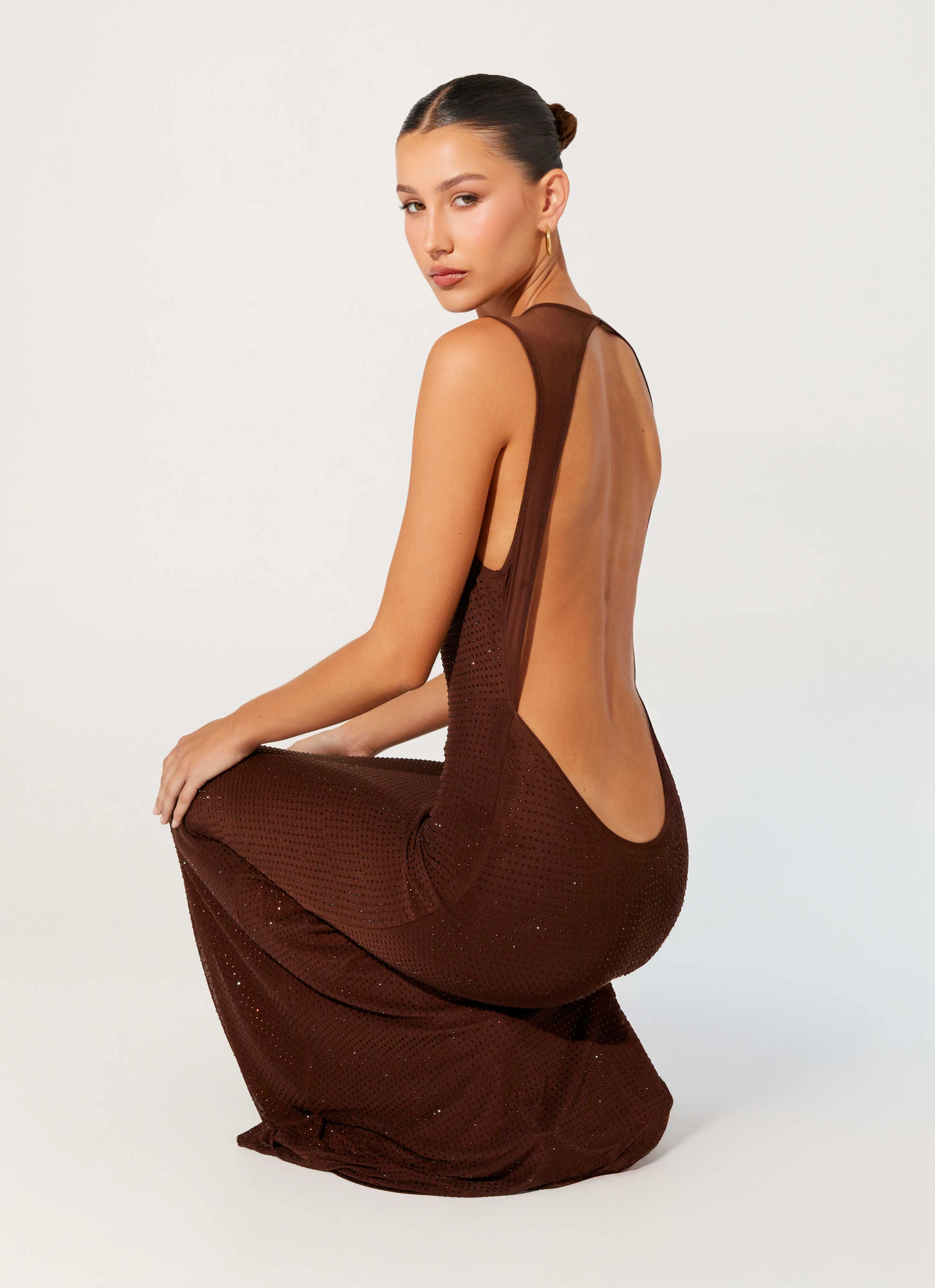 Subtle Drape Glam Feel Hot Sequins Maxi Dress - Chocolate