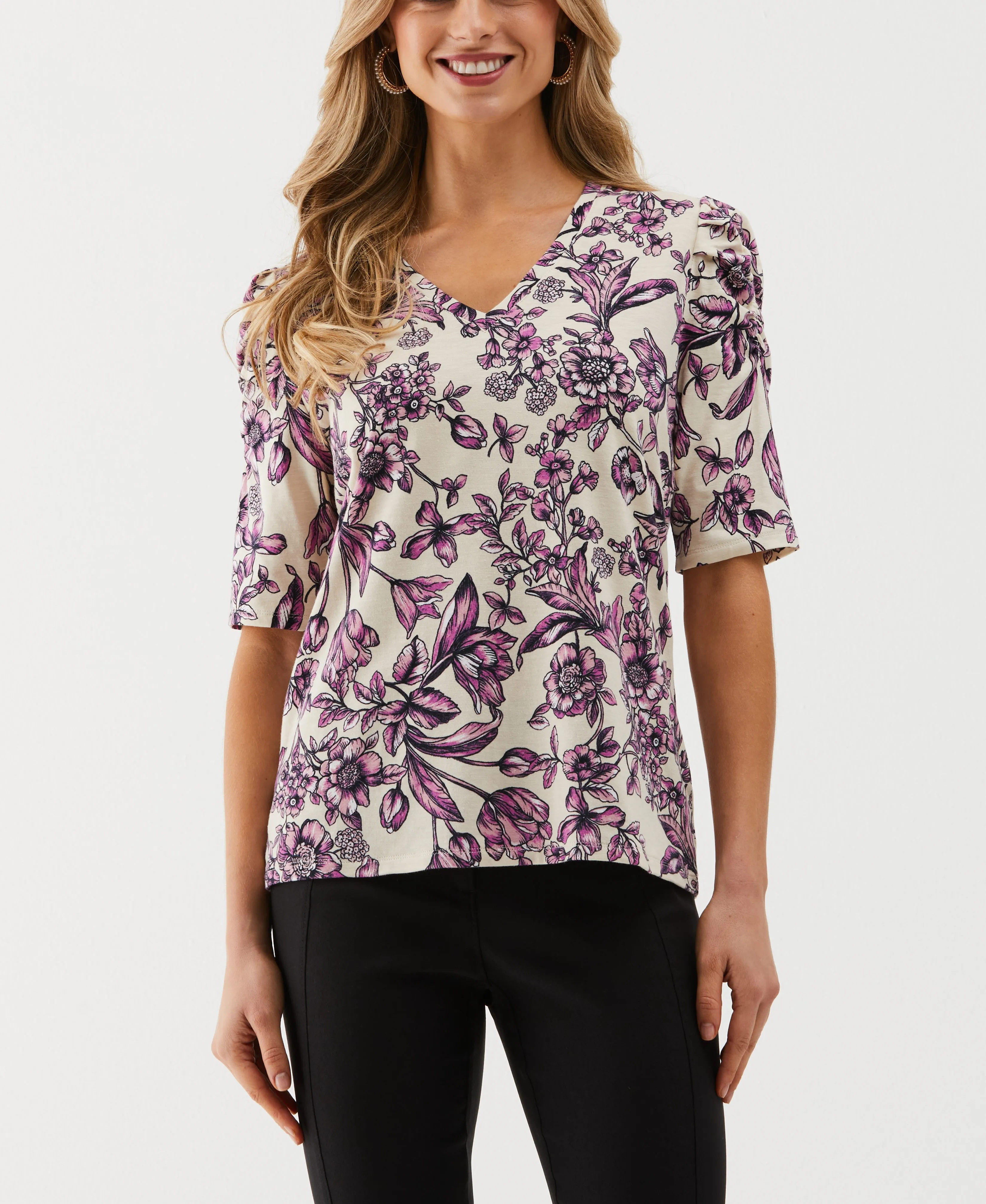 FullCut Shoulder FrictionResistant Trim Floral Print Puff Elbow Sleeve Top