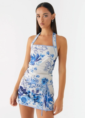 Garden Party Mini Dress - Serene Sky Floral Diagonal Slit Bold Edge