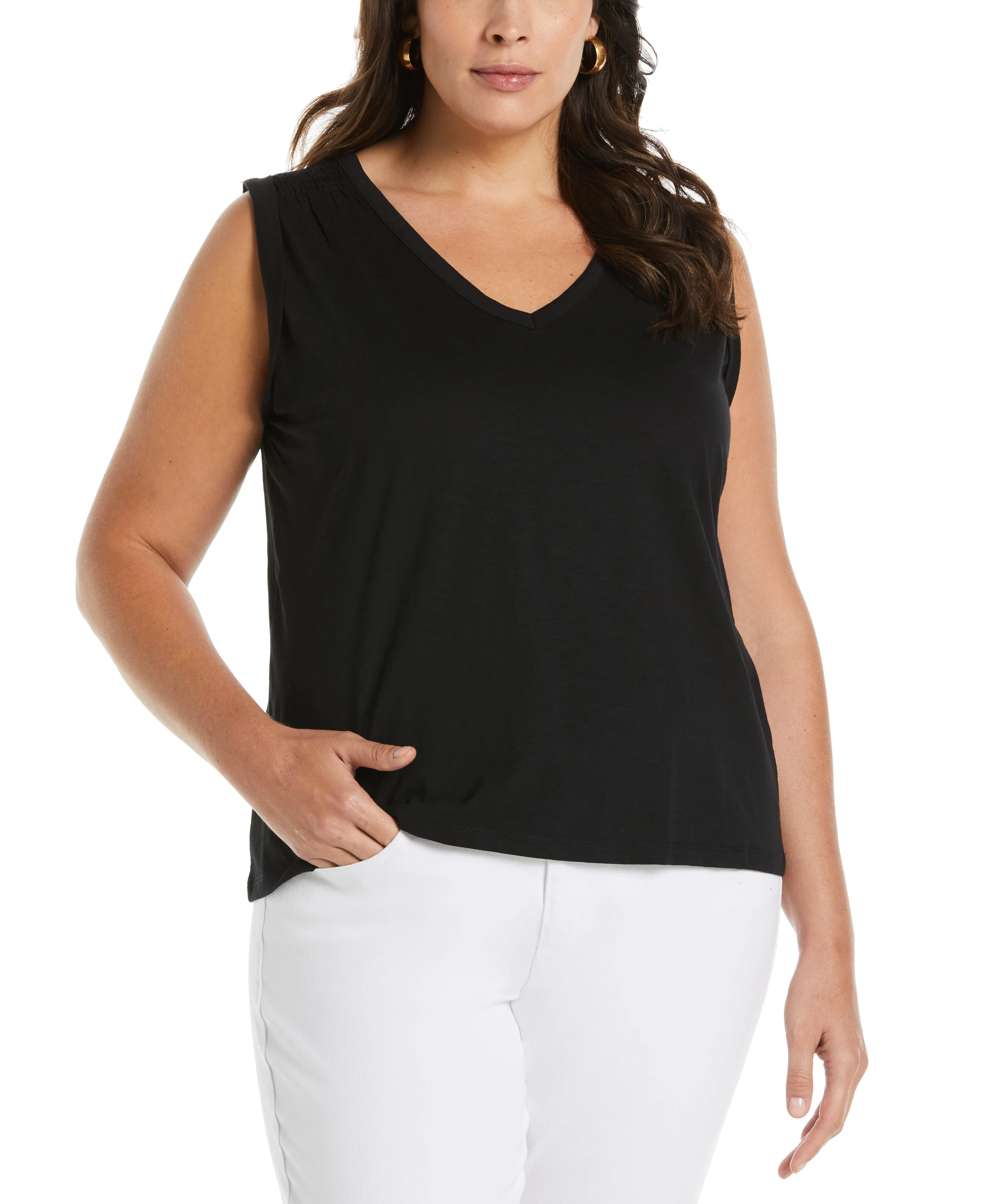 Plus Size Solid Smocked V-neck Top Office Wear Quick Dry Blend