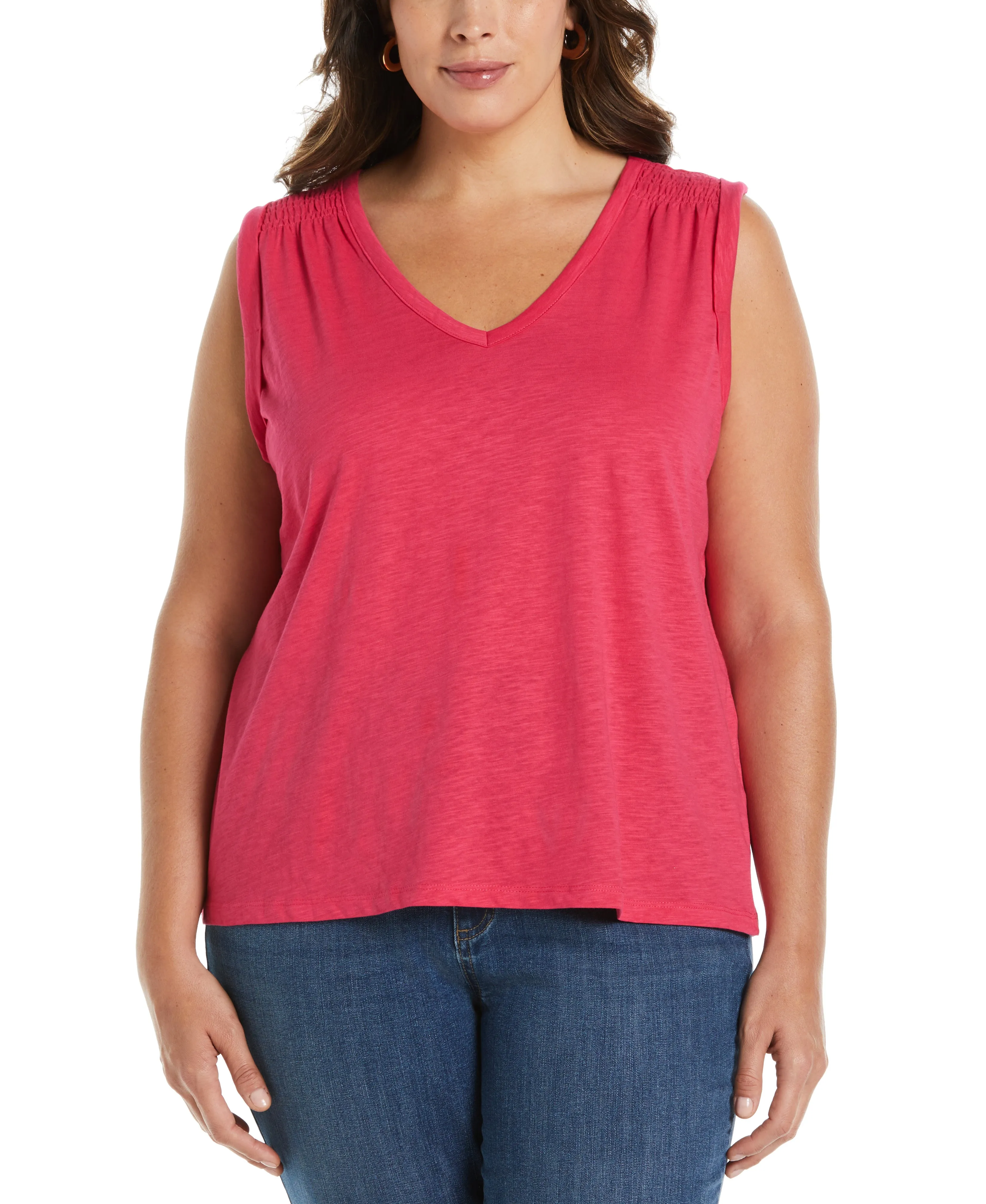 Reinforced Elbow Patches Sun Protective Fabric Plus Size Solid Smocked V-neck Top