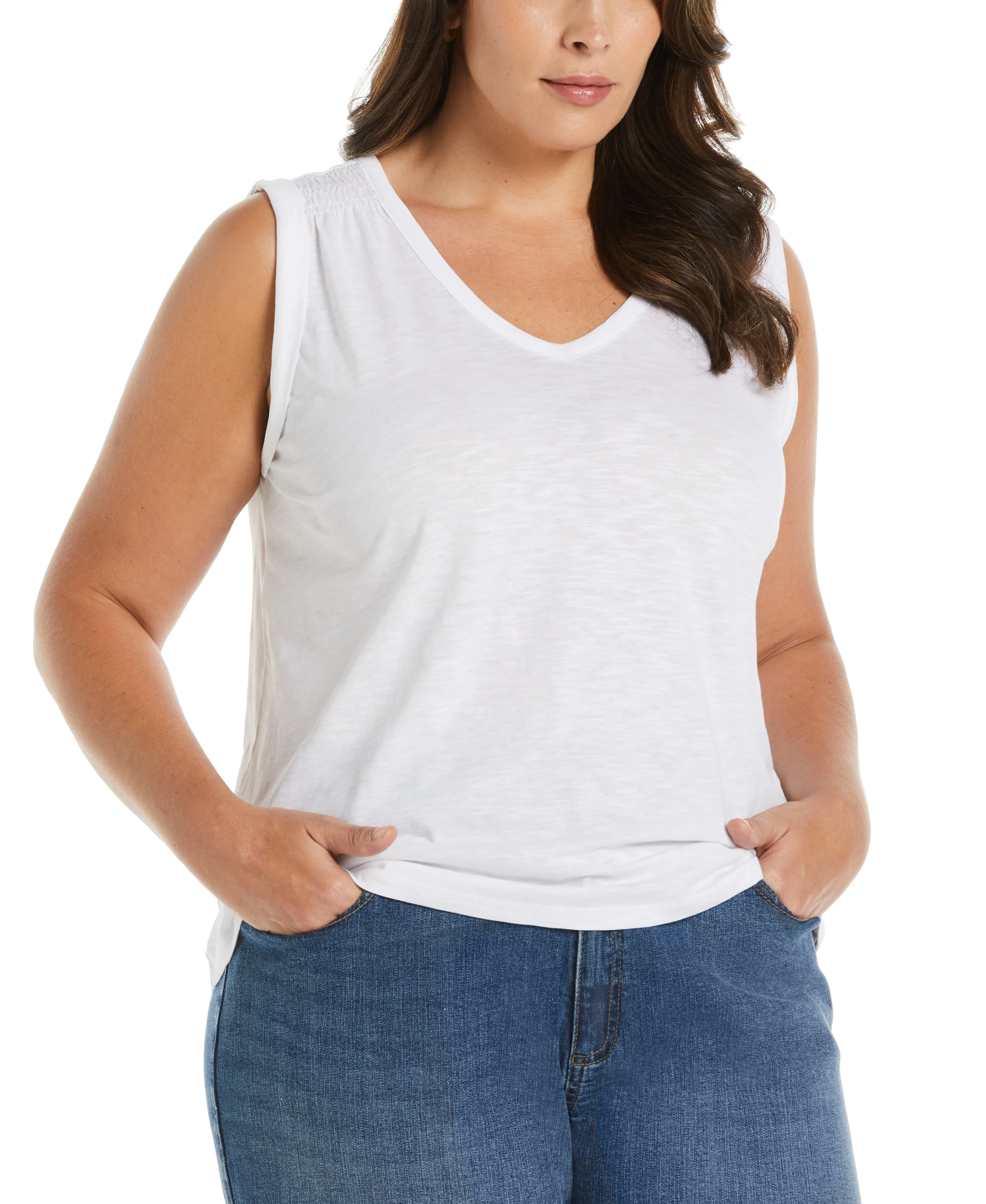 ContrastPlacket Wrinkle Free Texture Plus Size Solid Smocked V-neck Top