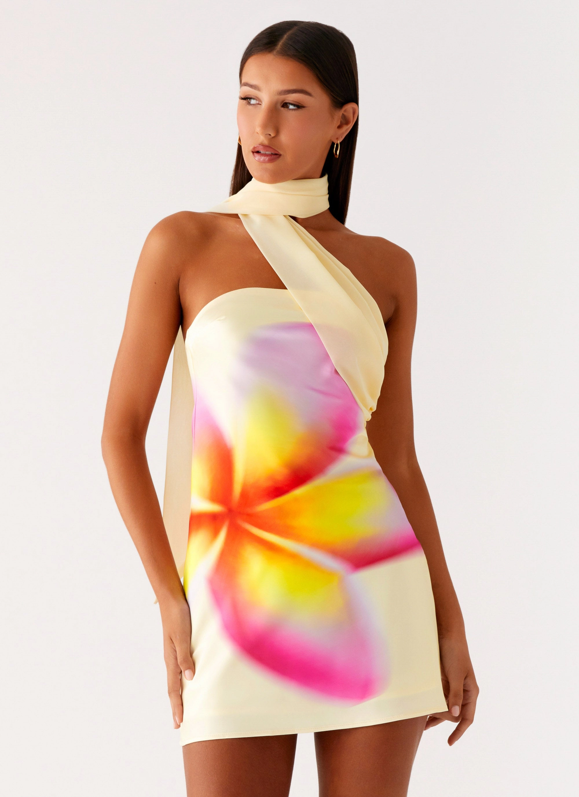 Isa Scarf Satin Mini Dress - Frangipani Yellow Travel Friendly Earthy Hue