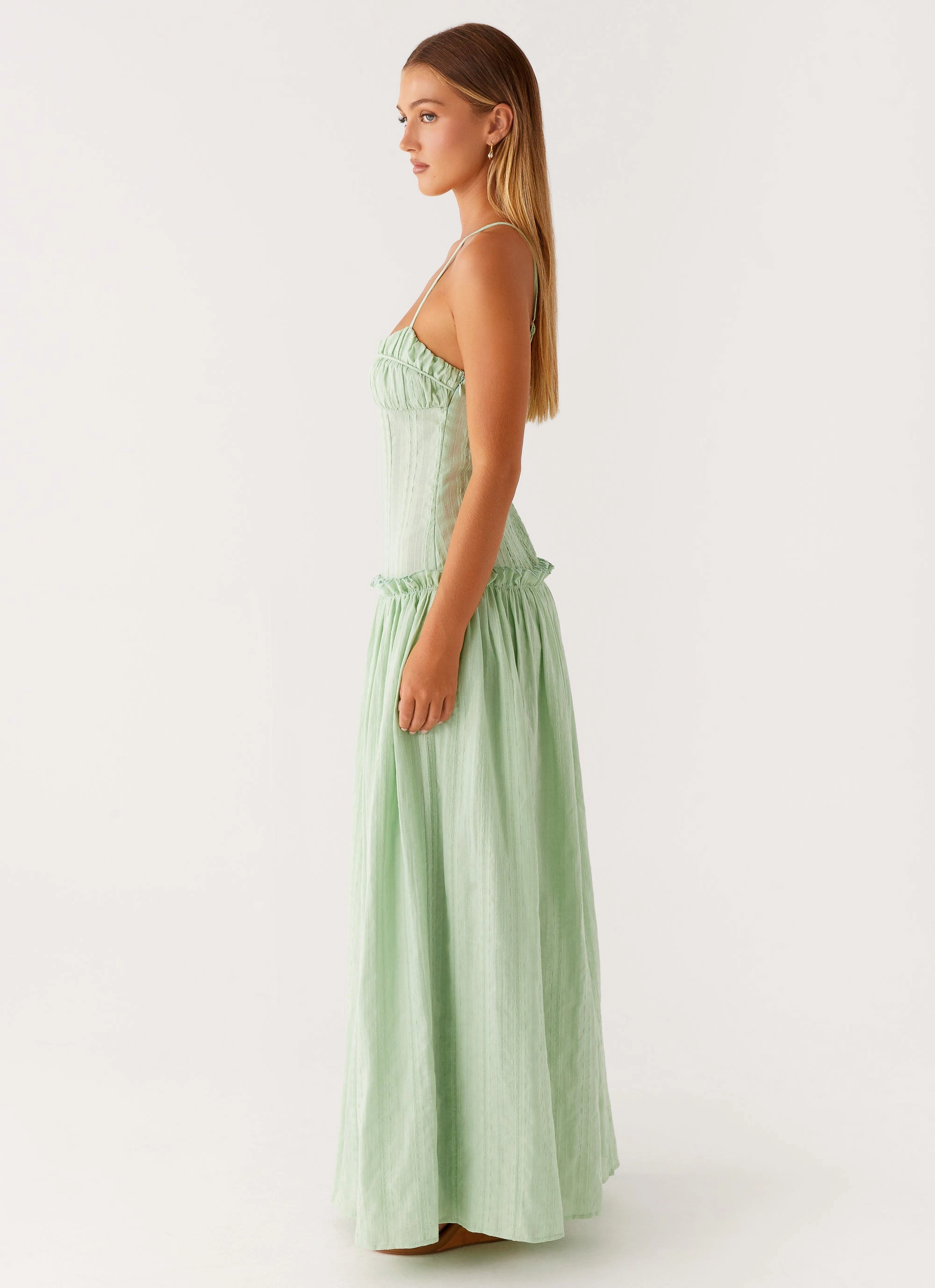 Satin Fabric Lace Soft Jacinda Drop Waist Maxi Dress - Sage