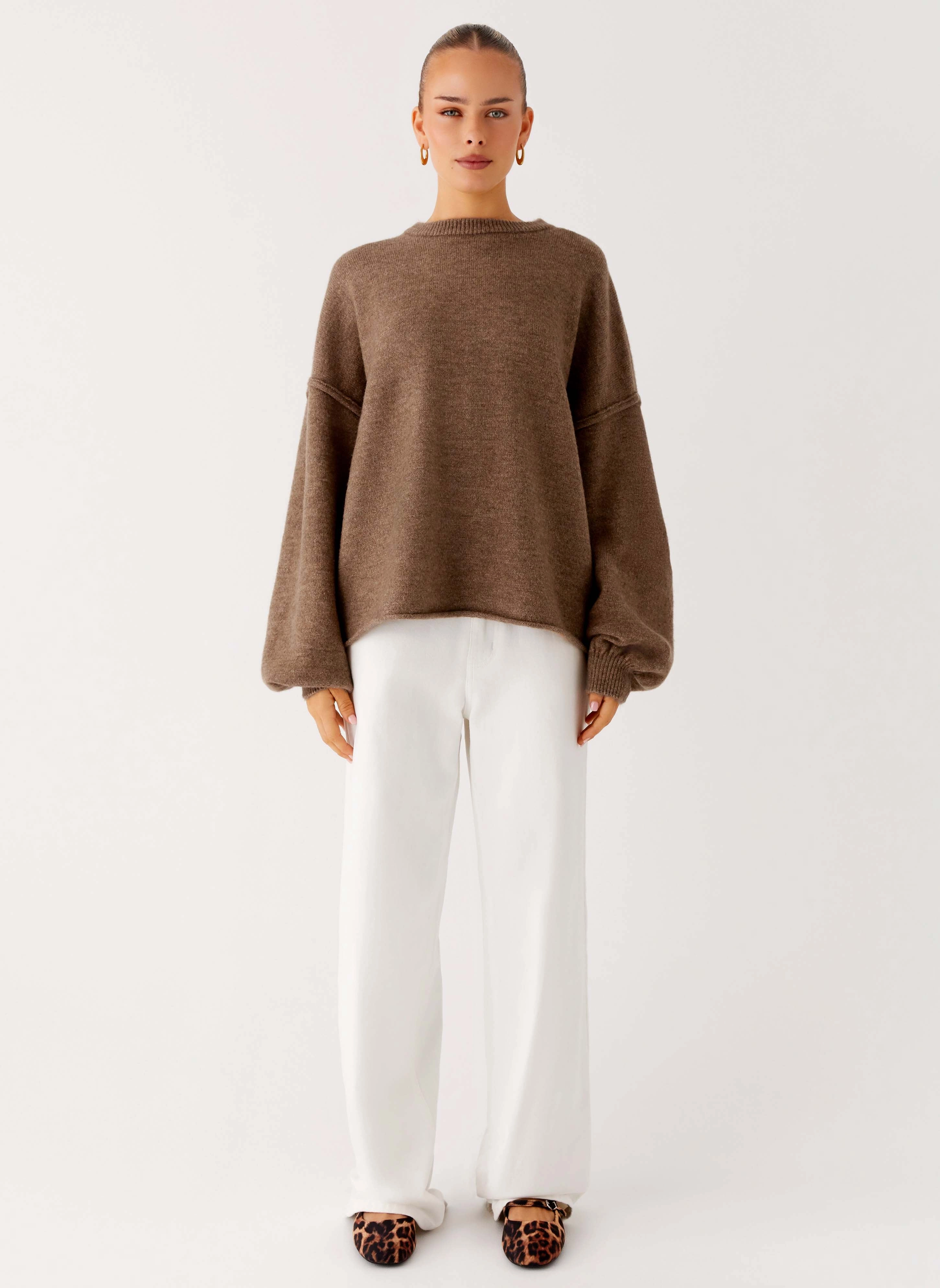 Adjustable drawstring Jack Oversized Knit Sweater - Tan Marle