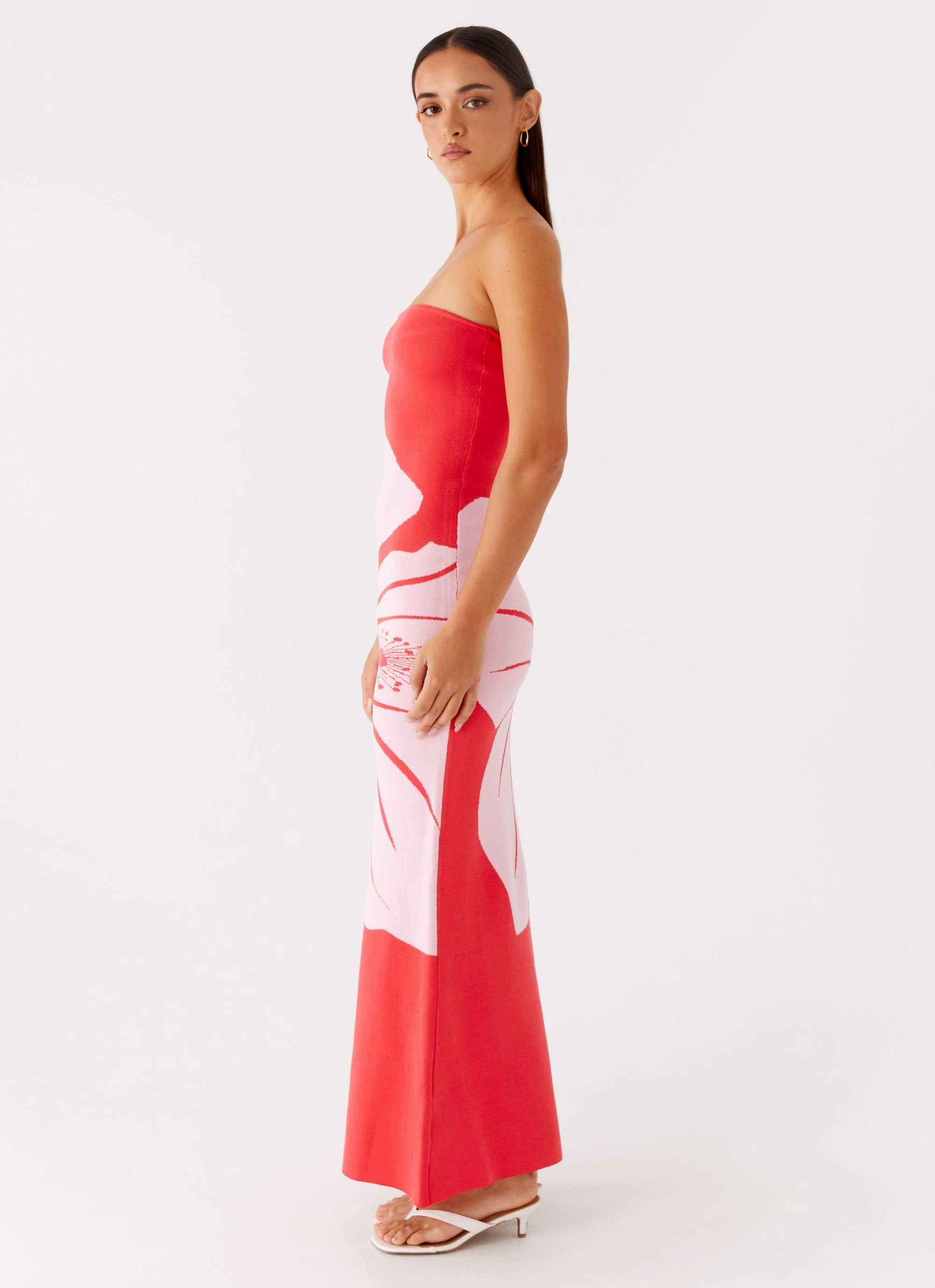 Jala Strapless Knit Maxi Dress - Red Floral High Hemline