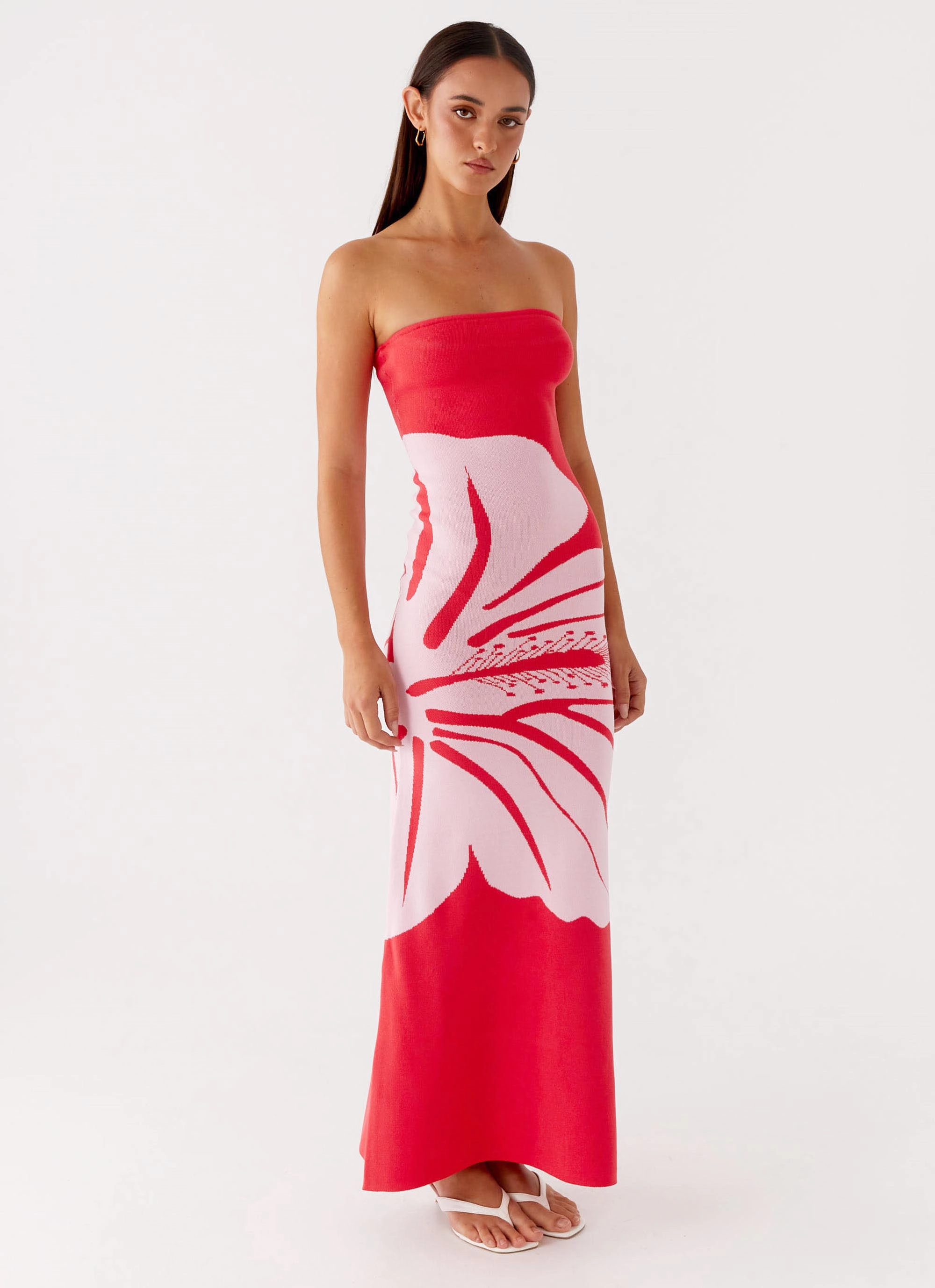 Layered Form Relaxed Line Jala Strapless Knit Maxi Dress - Red Floral