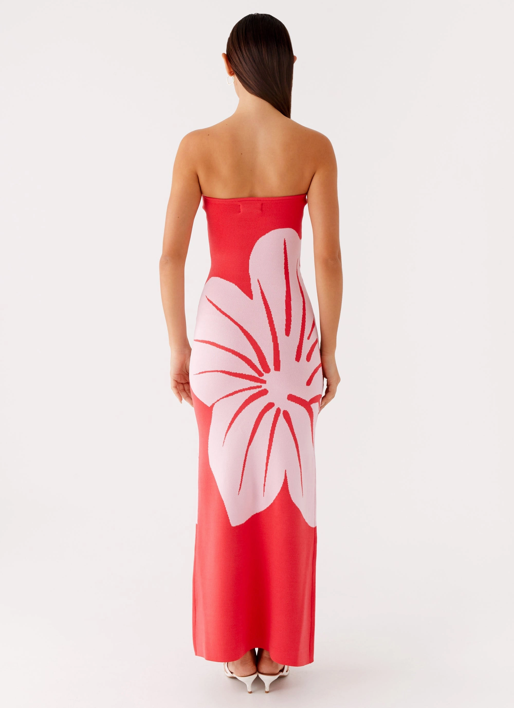 Jala Strapless Knit Maxi Dress - Red Floral Summer Ease Collar Accent