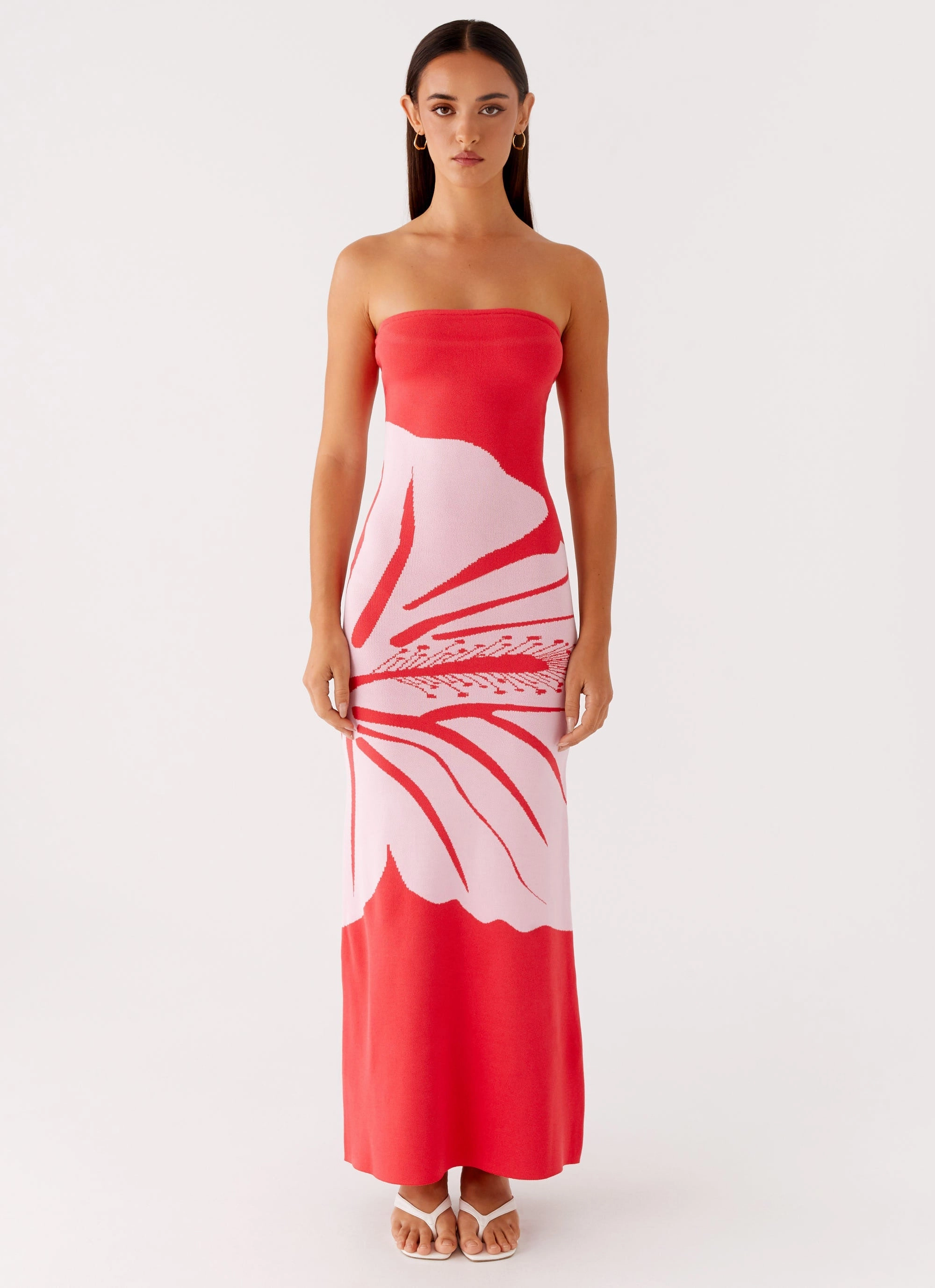 Jala Strapless Knit Maxi Dress - Red Floral Comfortable travel dress Collared
