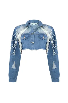 Janet Pearl & Rhinestone Draped Denim Jacket Flex Mobility System