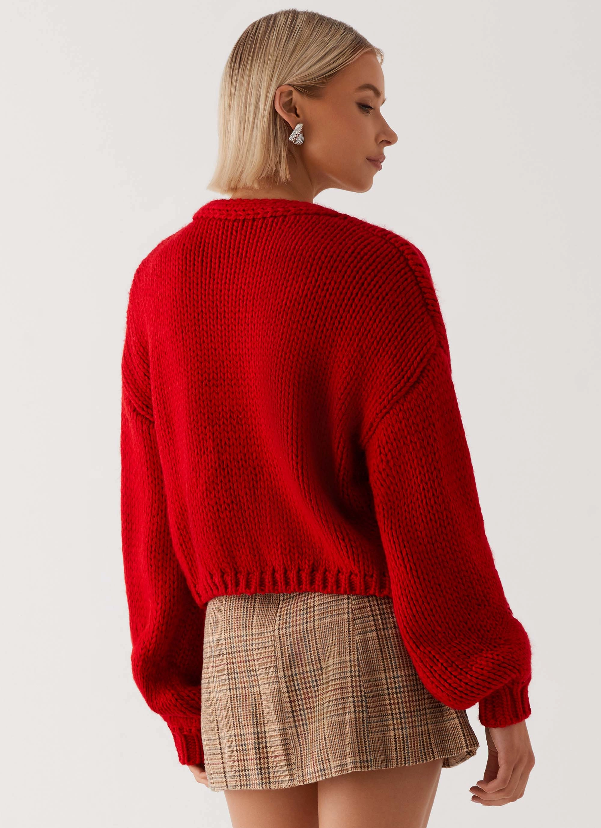 Stretch Material Jasleen Knit Cardigan - Red