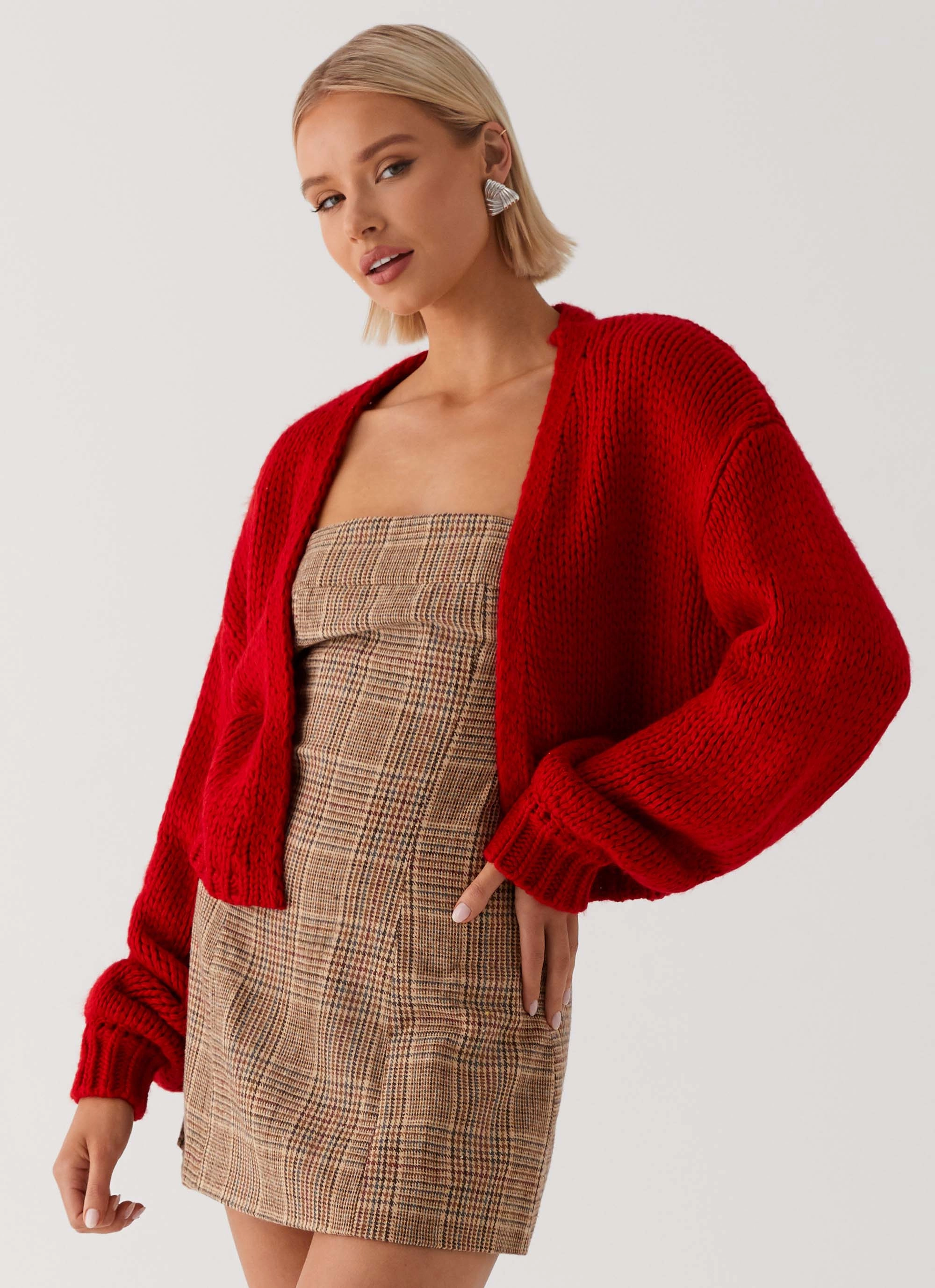 Lightweight Polyester Blend Jasleen Knit Cardigan - Red