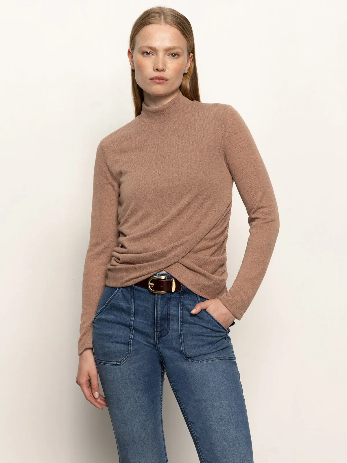 Long Sleeve Draped Mock Neck Top Mocha WindproofBarrierTechnology
