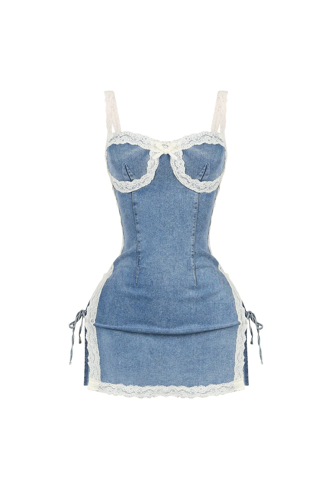 Casual Look Jezebel Denim Mini Dress With Lace Trim