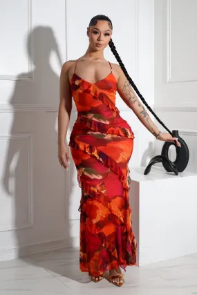 Jody Mesh Print Ruffle Maxi Dress Pearl-Detail Premium Quality